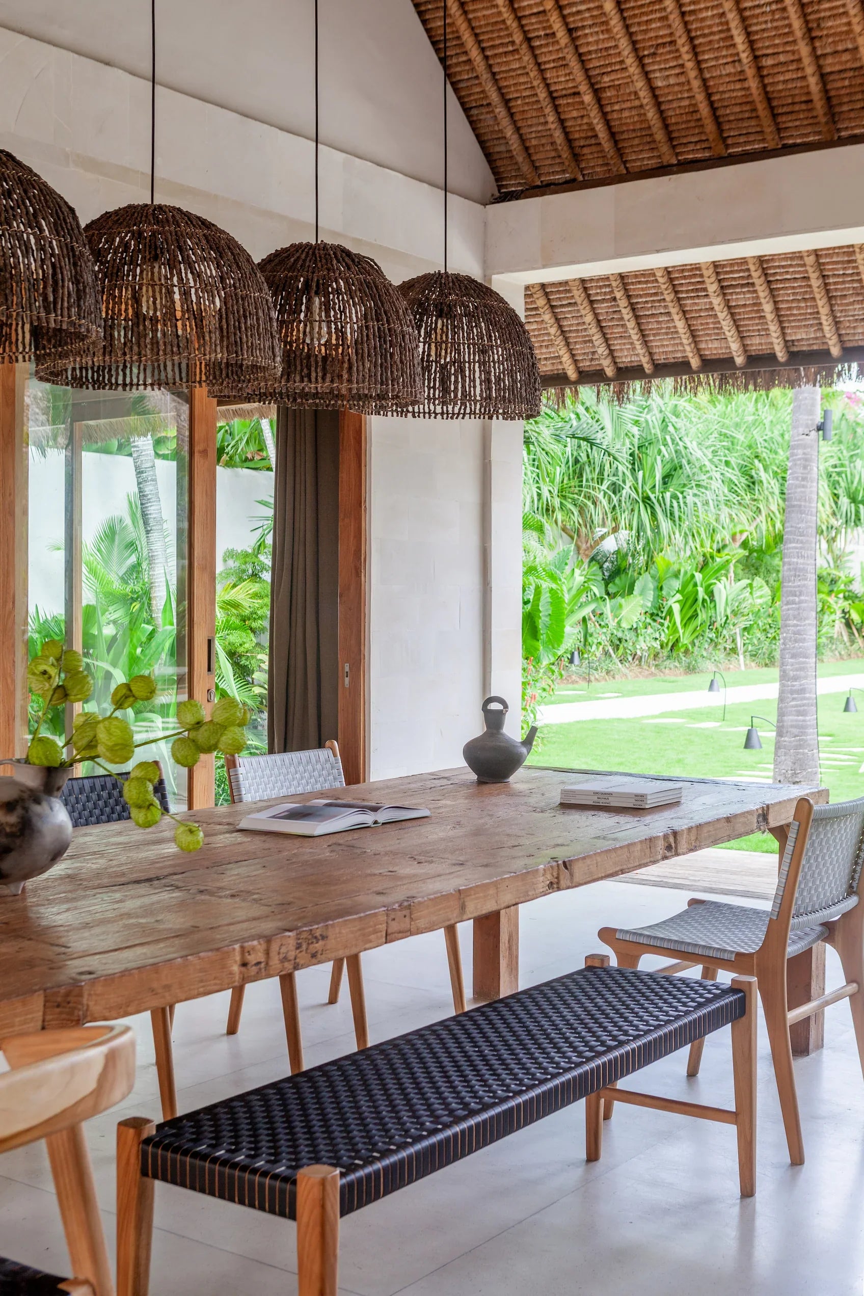 outdoor leather and teak bench in black and natural