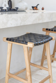 Nina Teak and Woven Leather Backless Counter Stool
