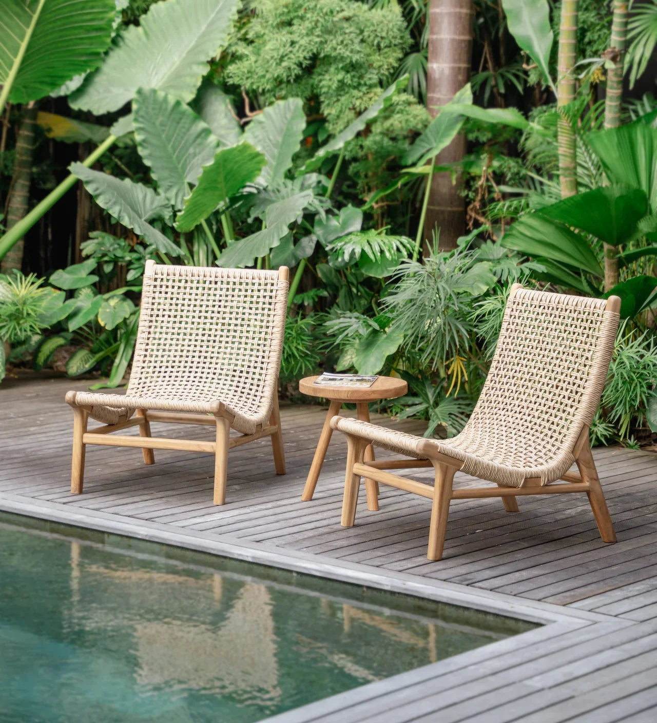 outdoor rattan and teak lounge chairs