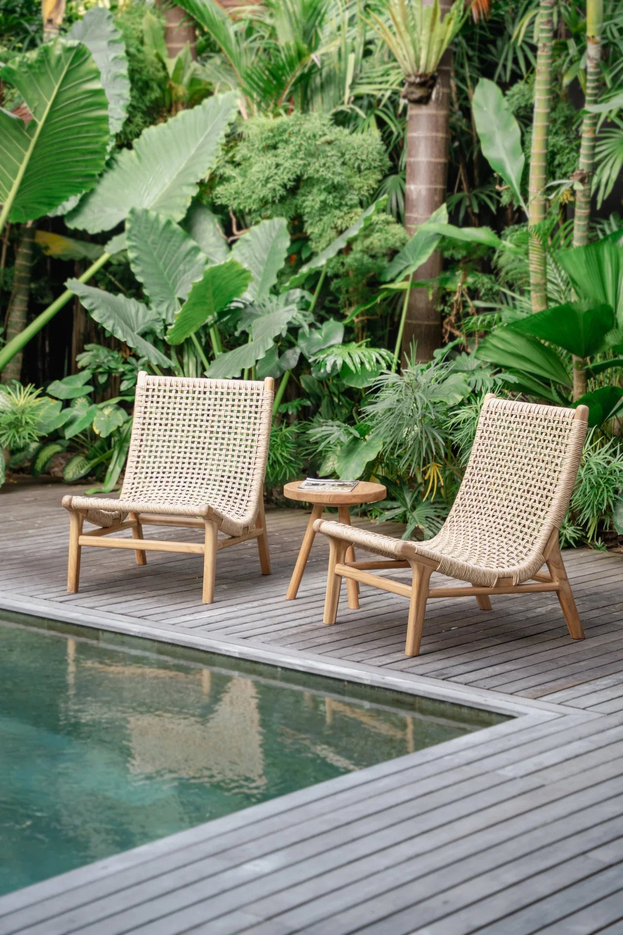 outdoor rattan and teak lounge chairs