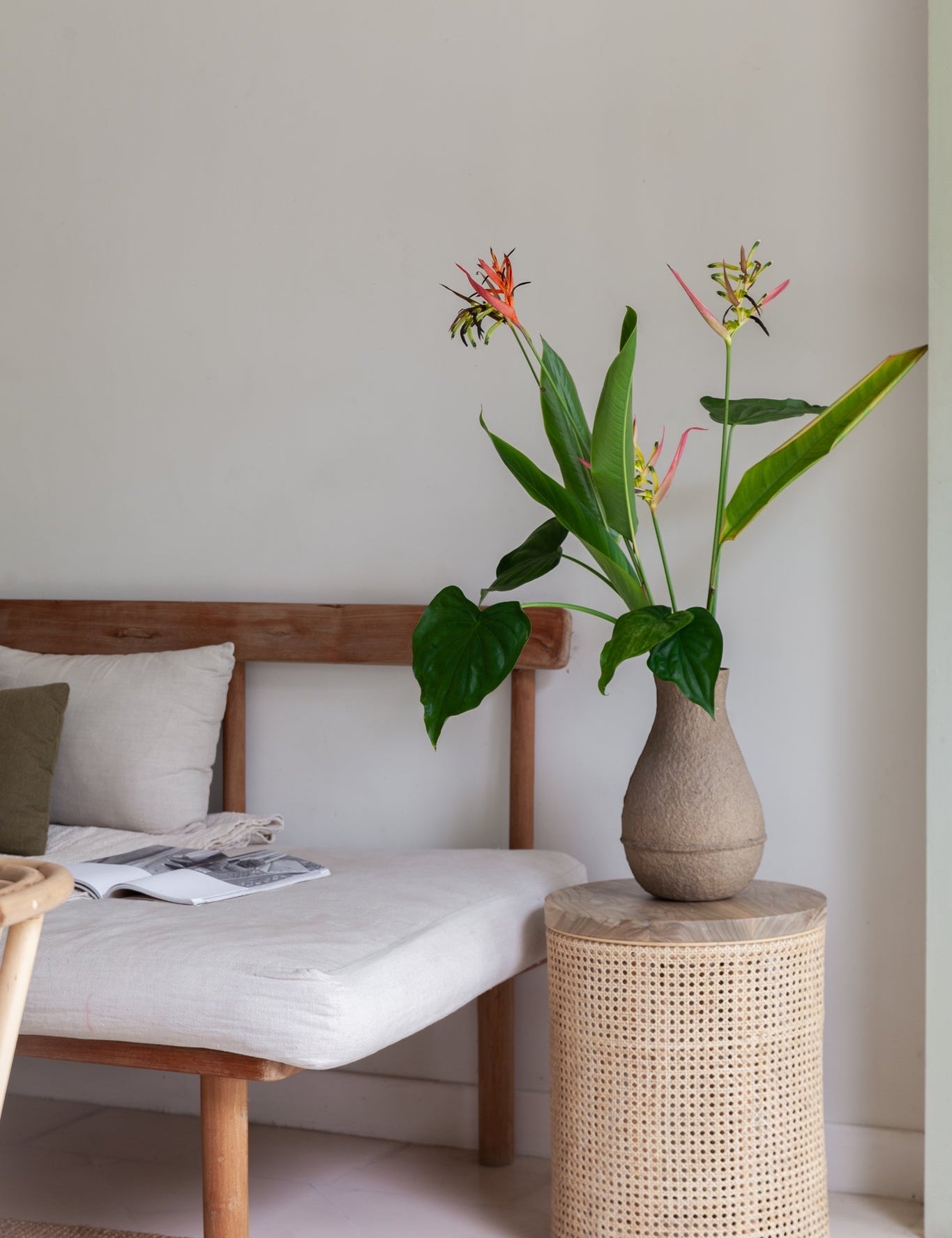 rattan side table and modern couch
