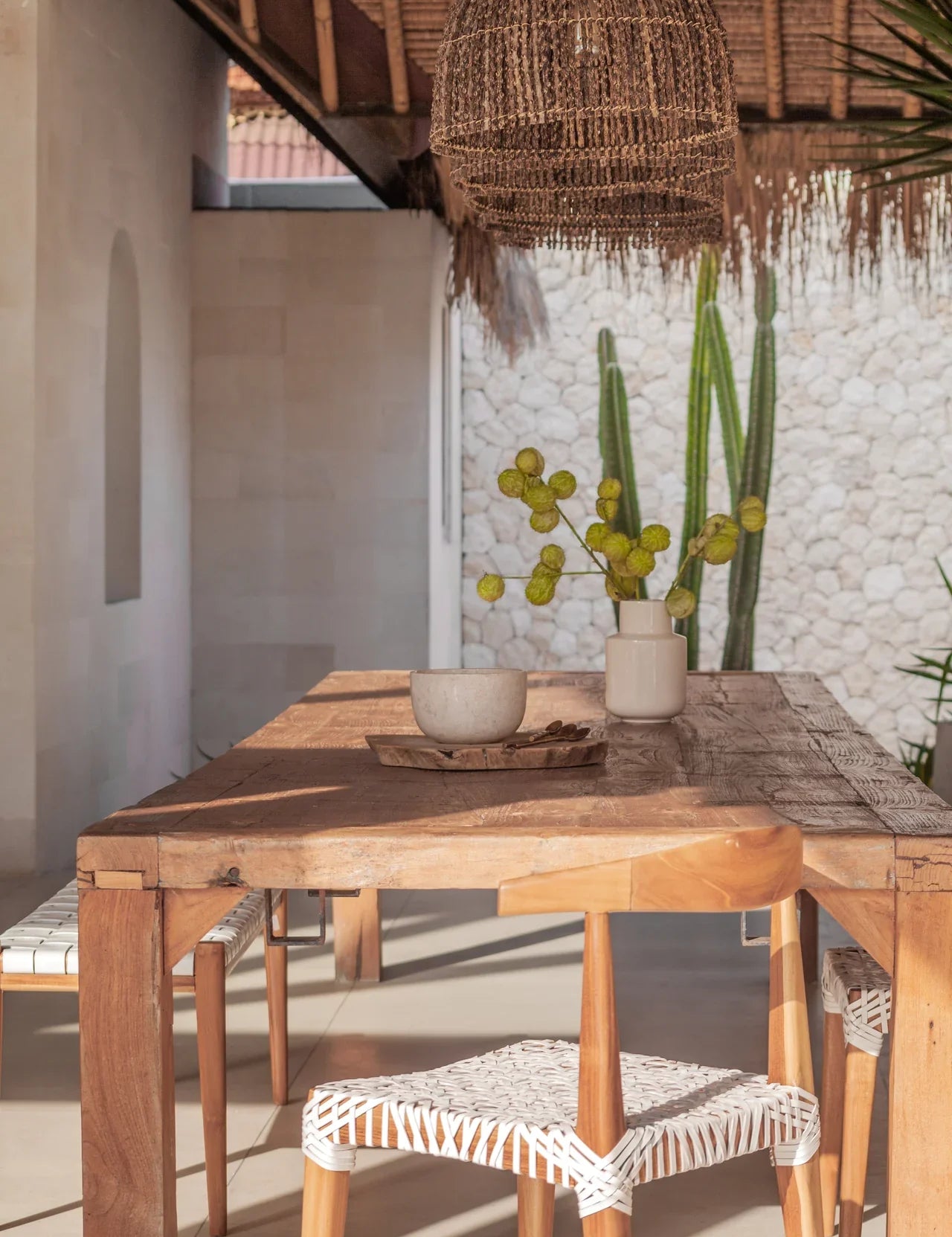 outdoor natural teak table and dining chairs