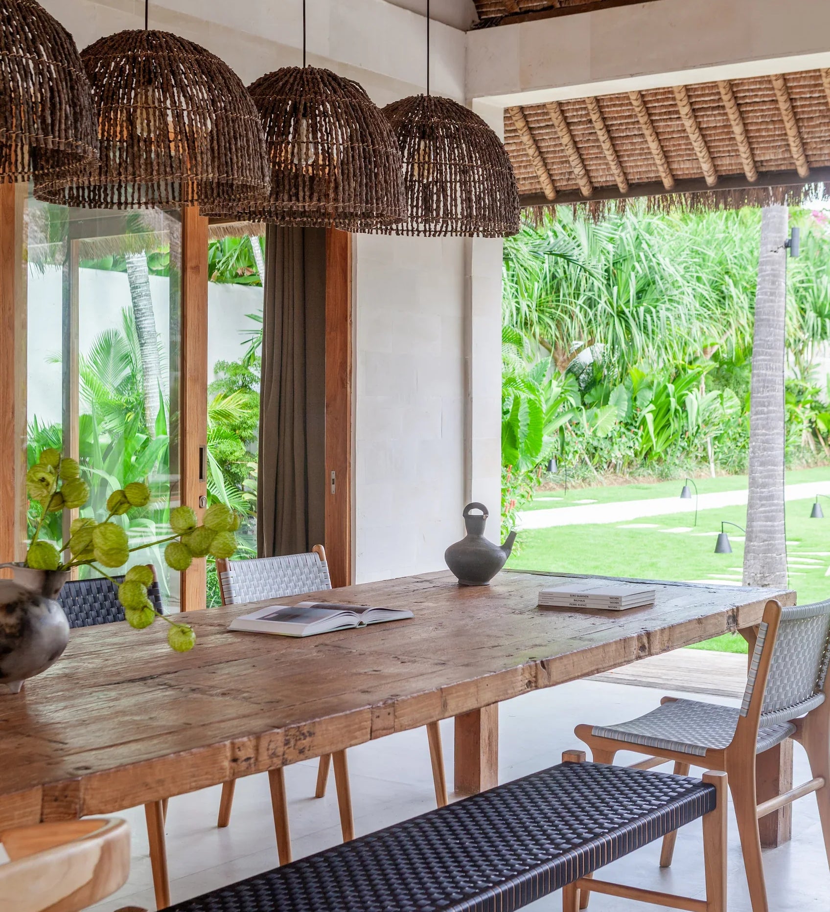 outdoor leather and teak bench in black and natural