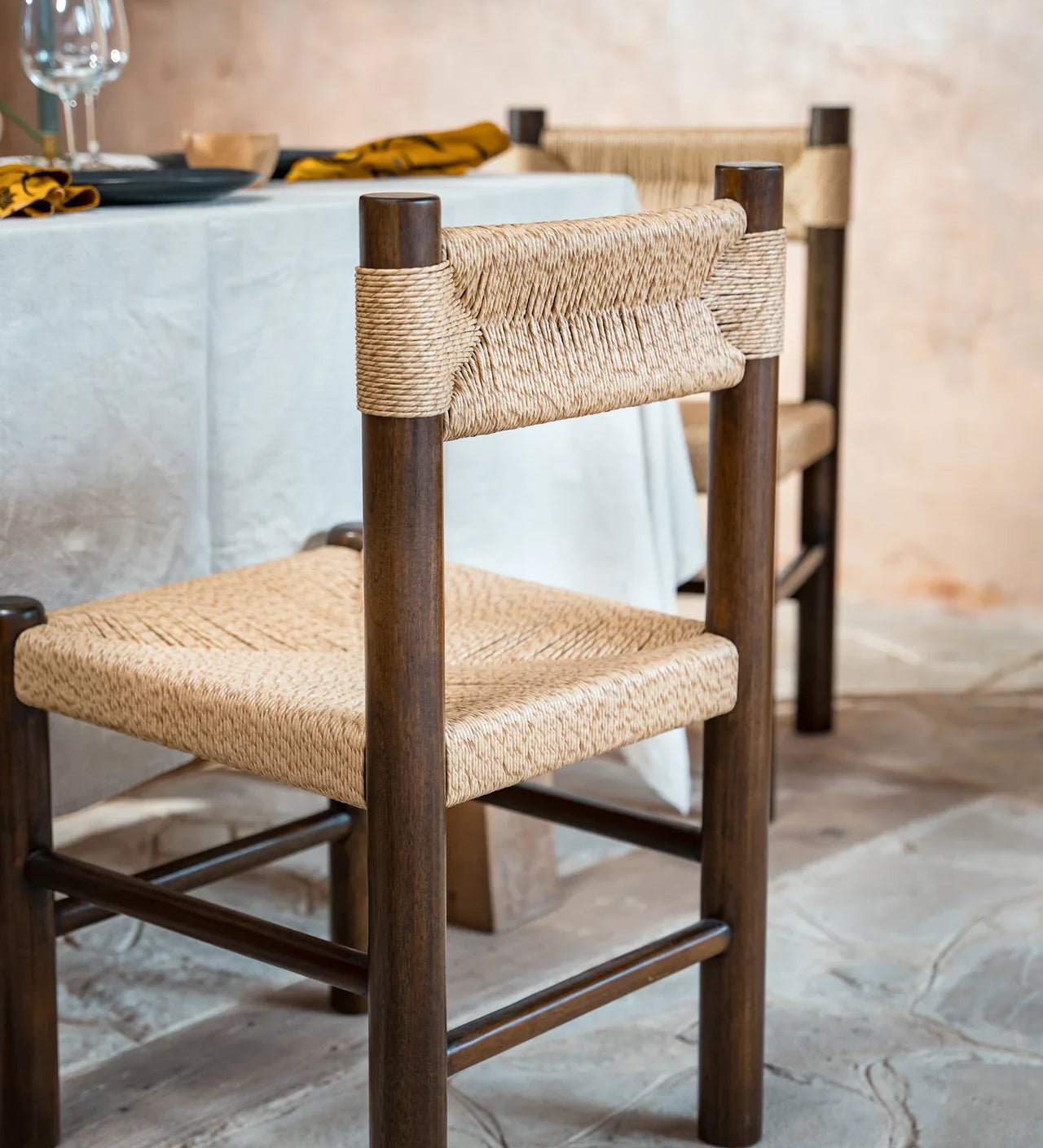 dark teak wood dining chair with rattan seat and back rest