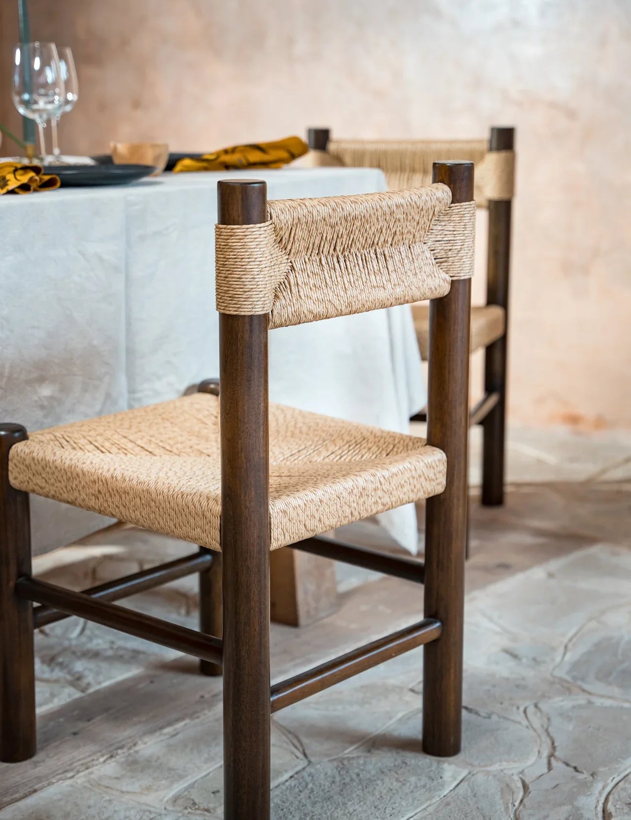 dark teak wood dining chair with rattan seat and back rest