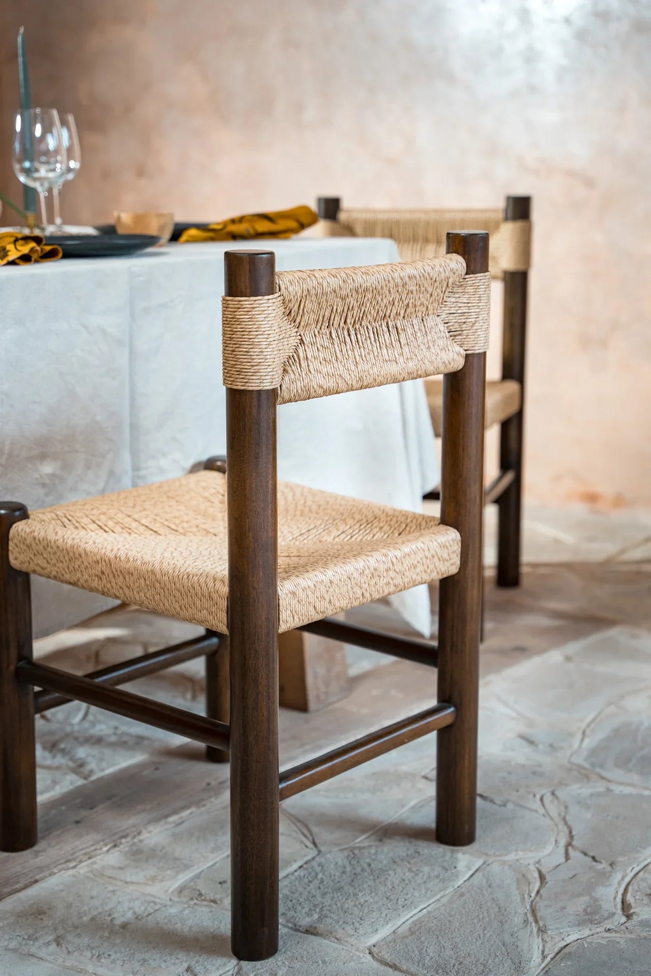 dark teak wood dining chair with rattan seat and back rest