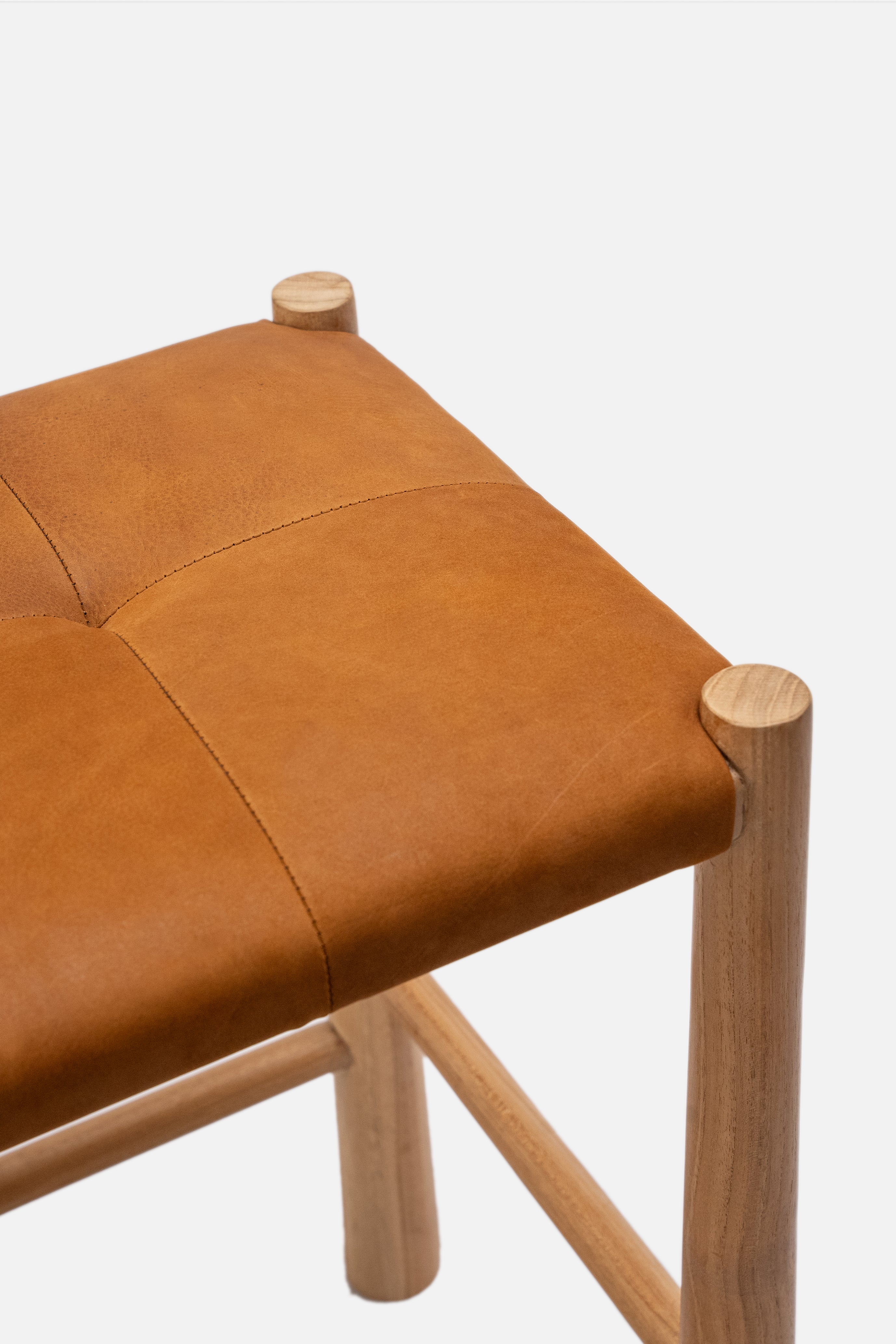 Avni Upholstered Leather Backless Teak Stool