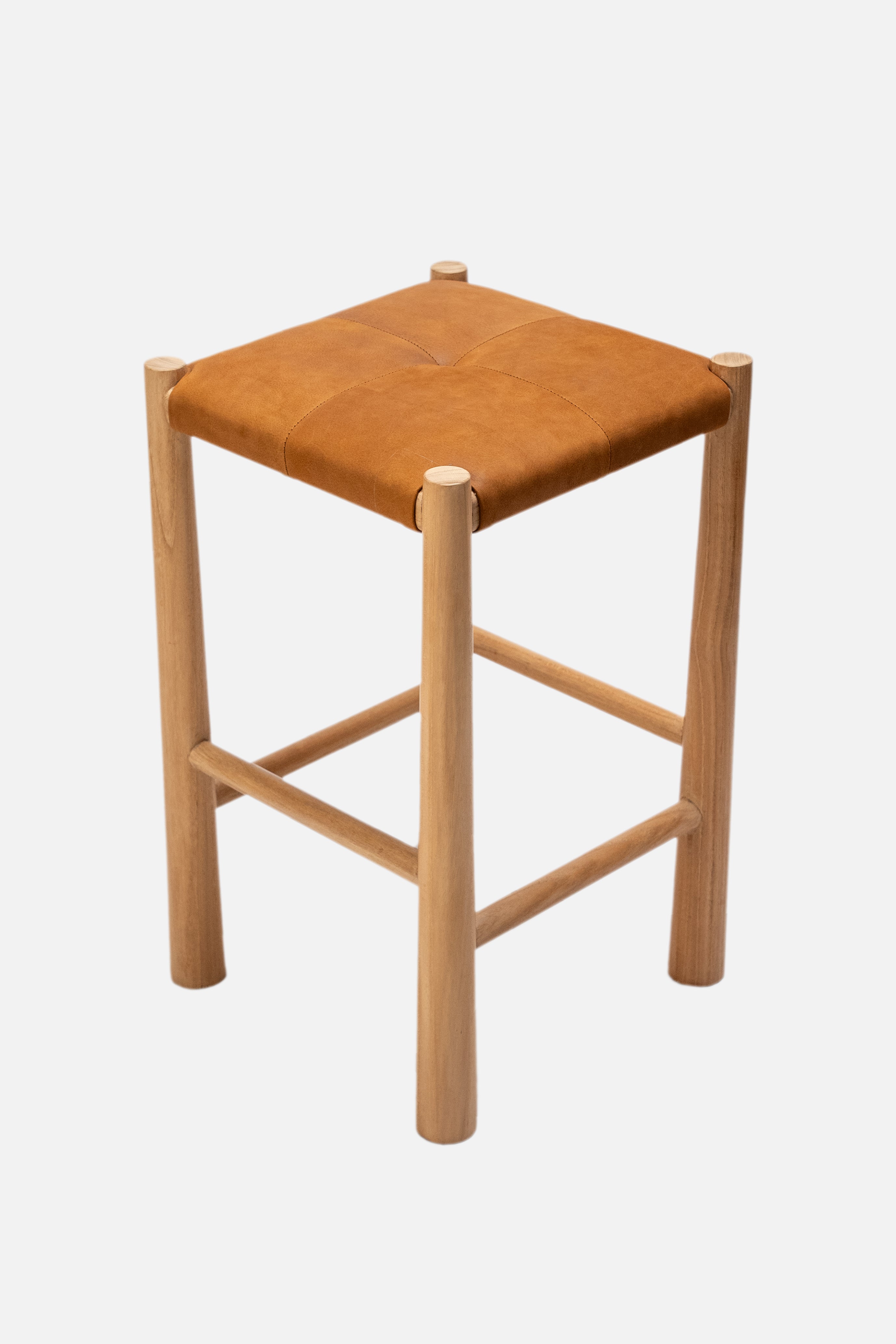 Avni Upholstered Leather Backless Teak Stool