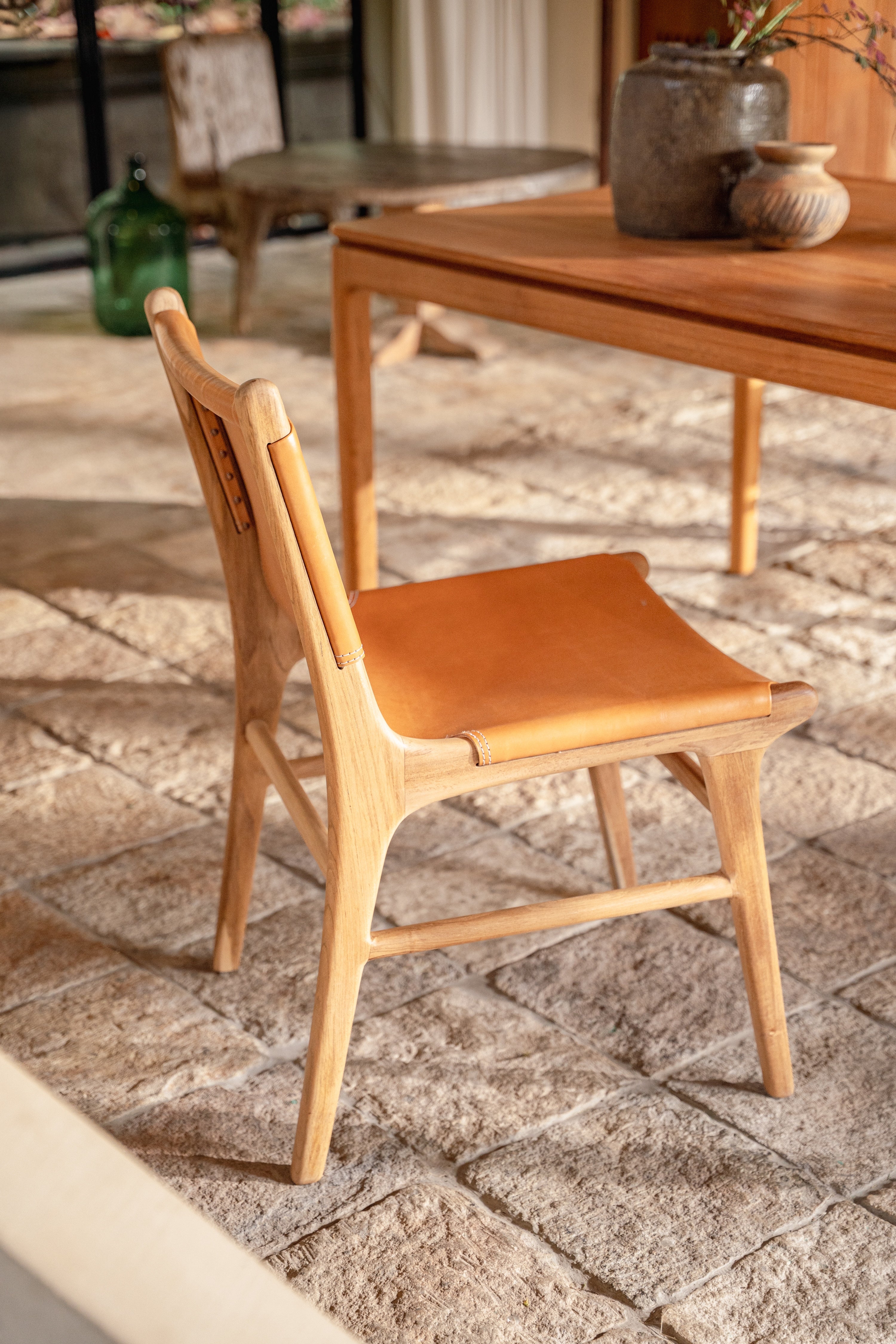 Lola Teak and Sling Leather Dining Chair – balè