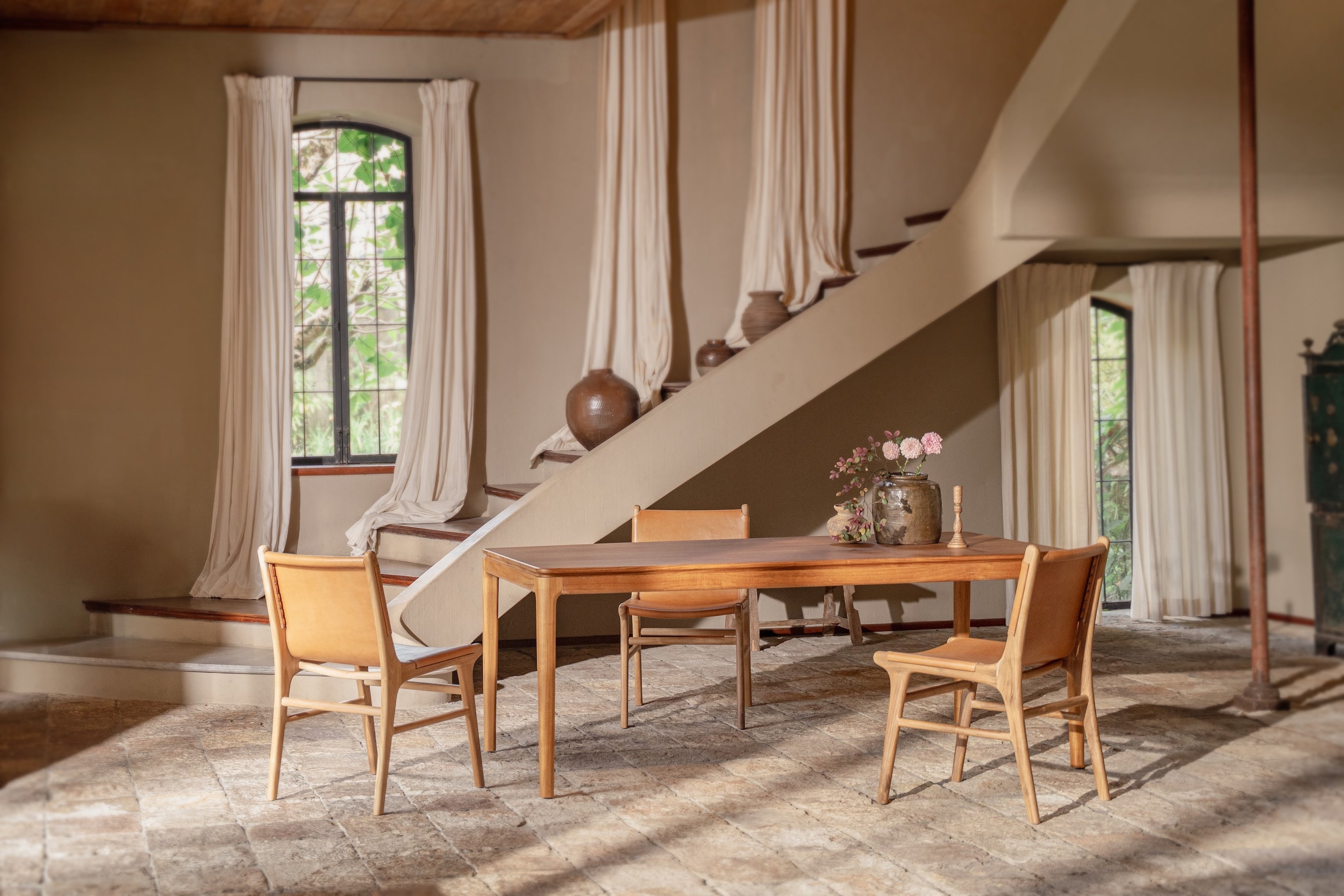 Lola Teak and Sling Leather Dining Chair – balè