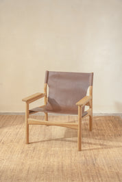 Mona Sling Leather and Teak Lounge Chair