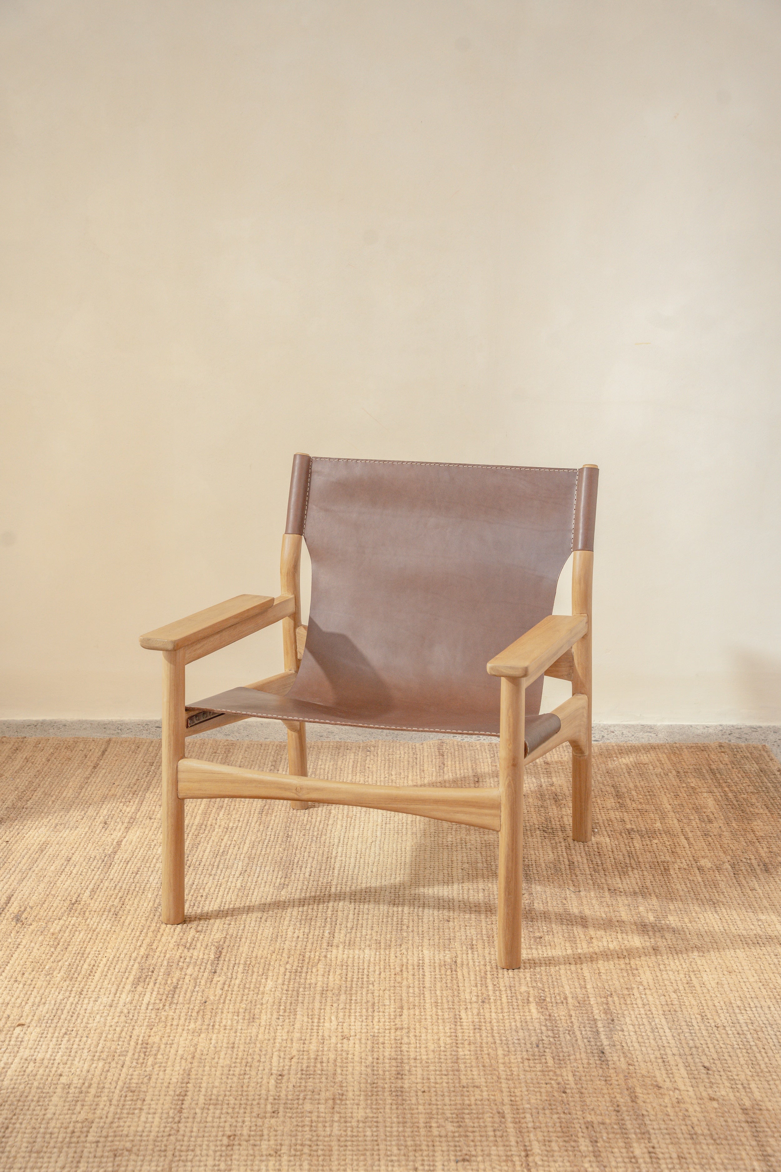 Mona Sling Leather and Teak Lounge Chair