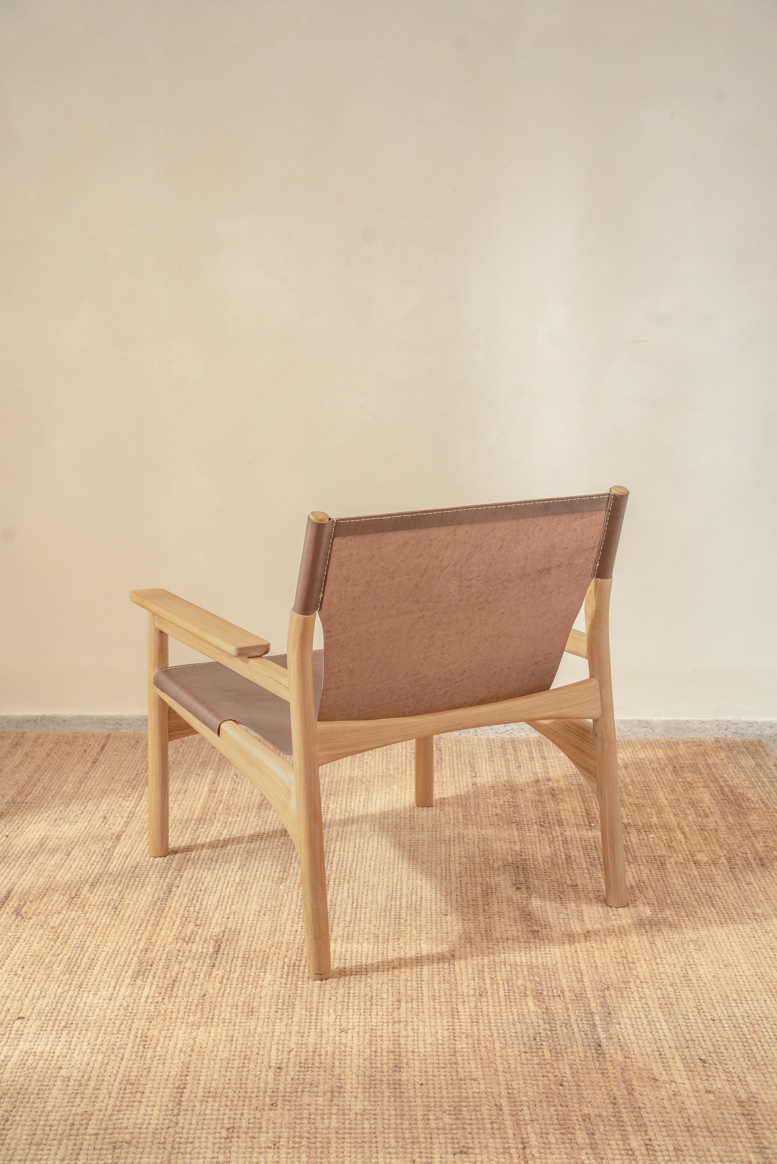 Mona Sling Leather and Teak Lounge Chair
