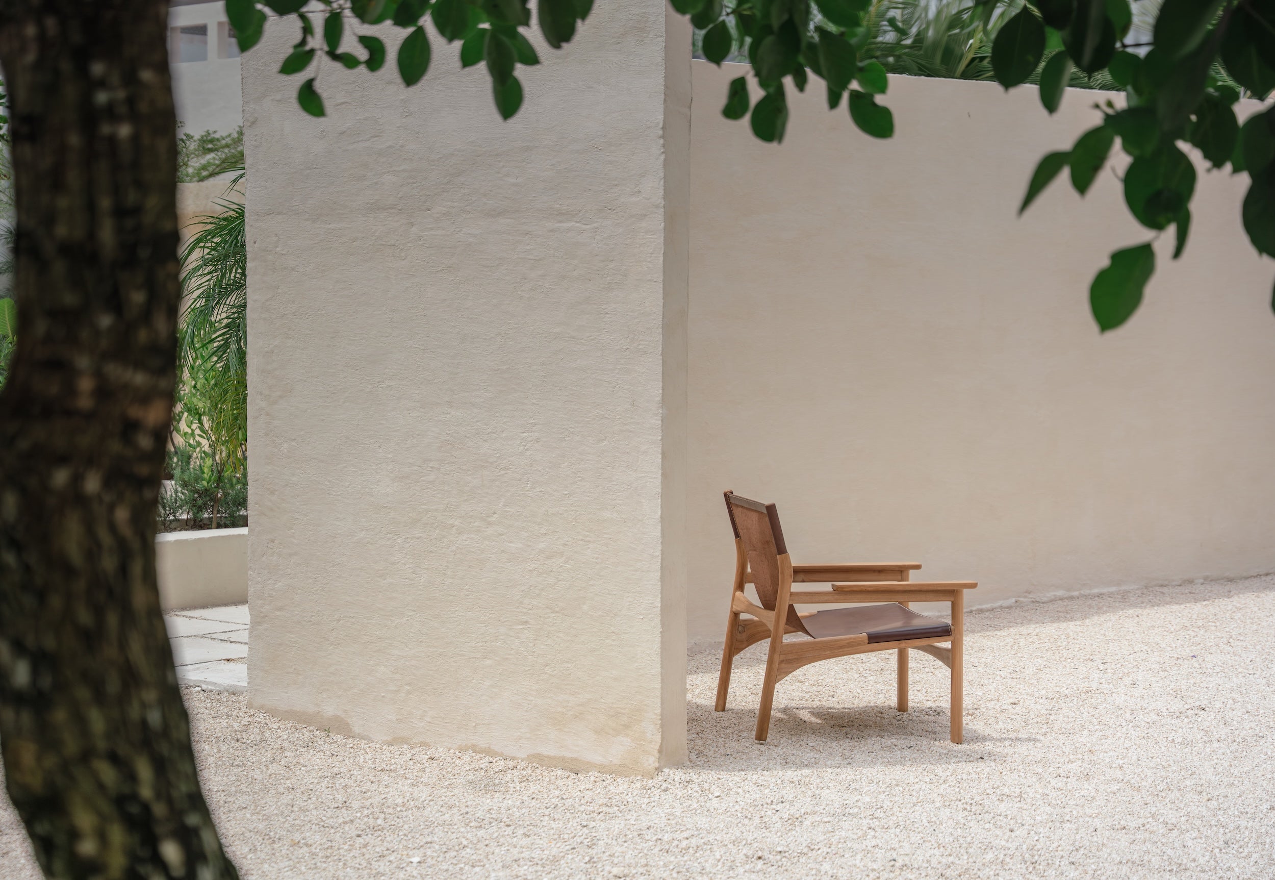 Mona Sling Leather and Teak Lounge Chair