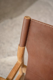 Mona Sling Leather and Teak Lounge Chair
