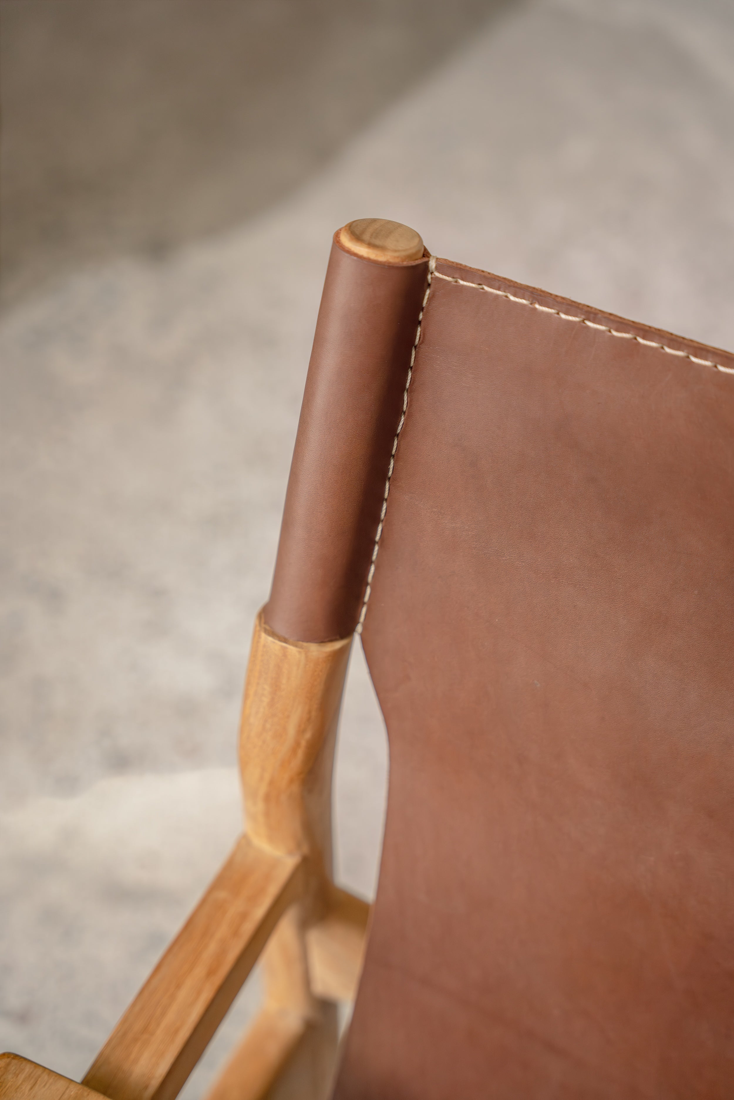 Mona Sling Leather and Teak Lounge Chair