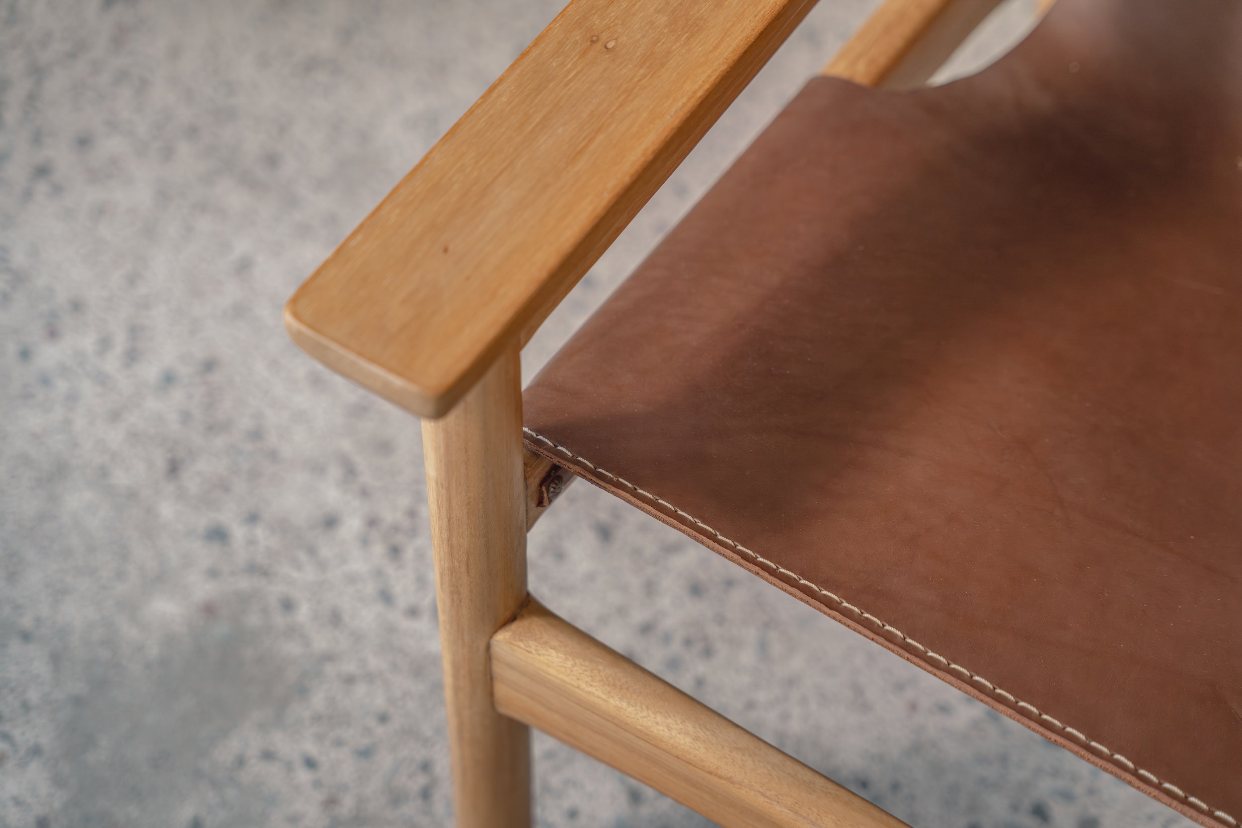 Mona Sling Leather and Teak Lounge Chair