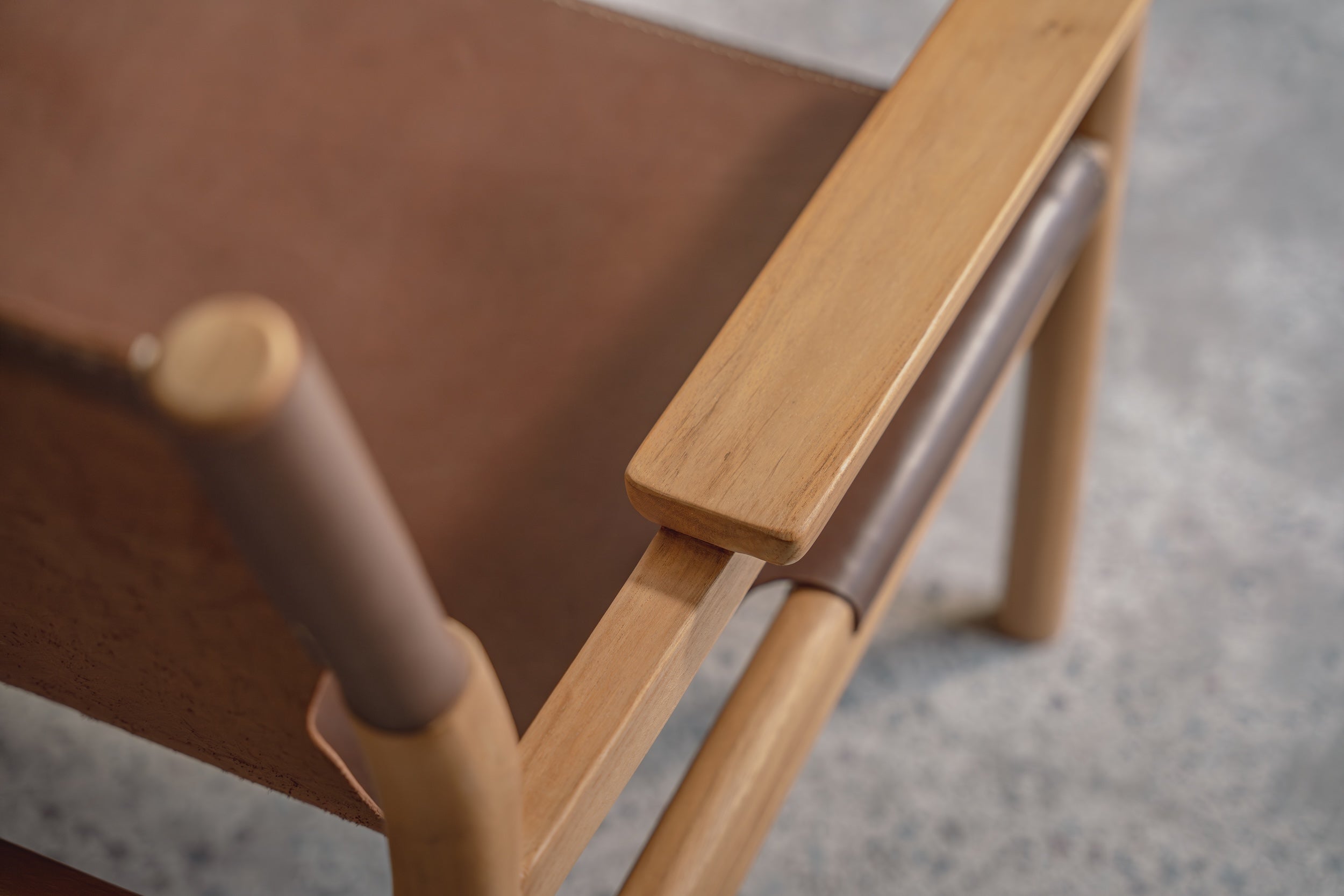 Mona Sling Leather and Teak Lounge Chair