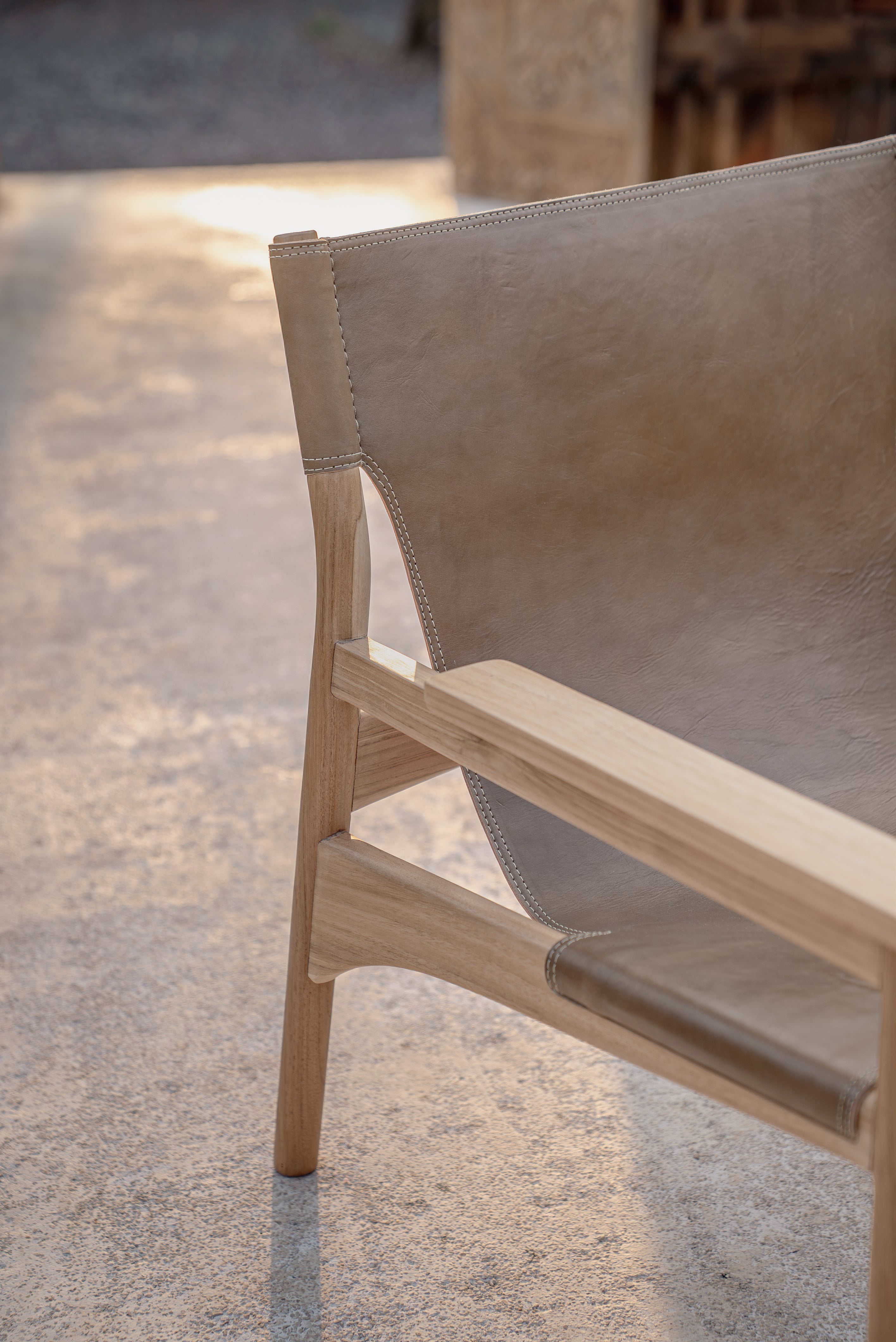 Mona Sling Leather and Teak Lounge Chair