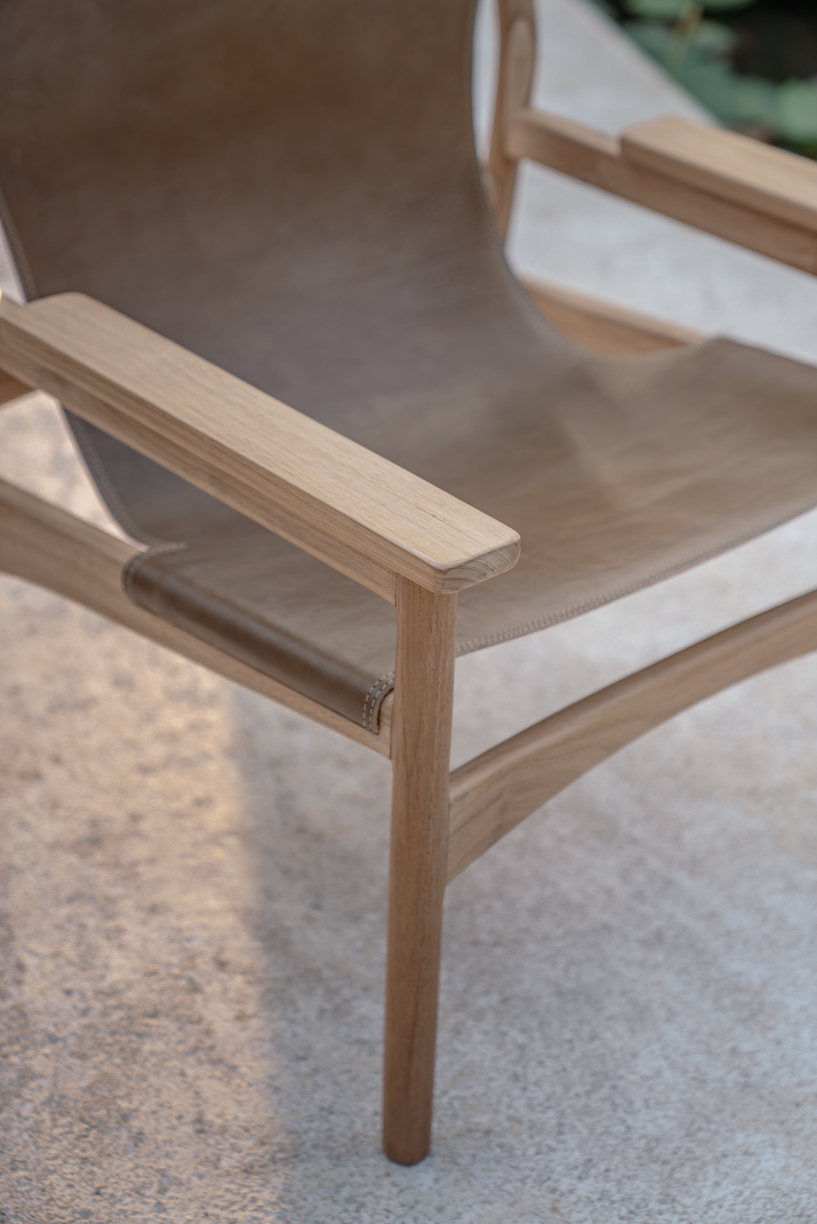 Mona Sling Leather and Teak Lounge Chair