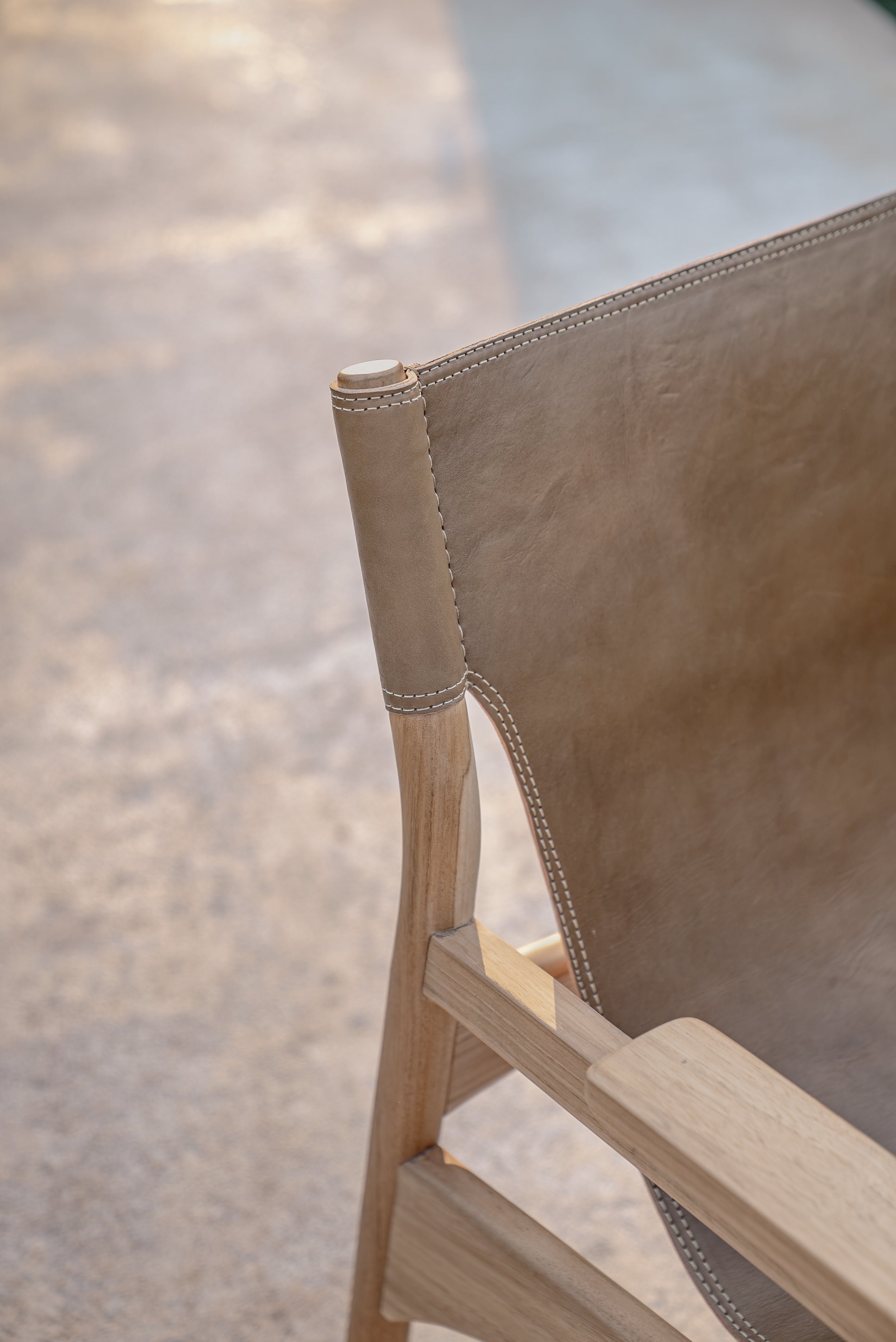Mona Sling Leather and Teak Lounge Chair