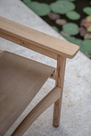 Mona Sling Leather and Teak Lounge Chair