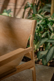 Mona Sling Leather and Teak Lounge Chair