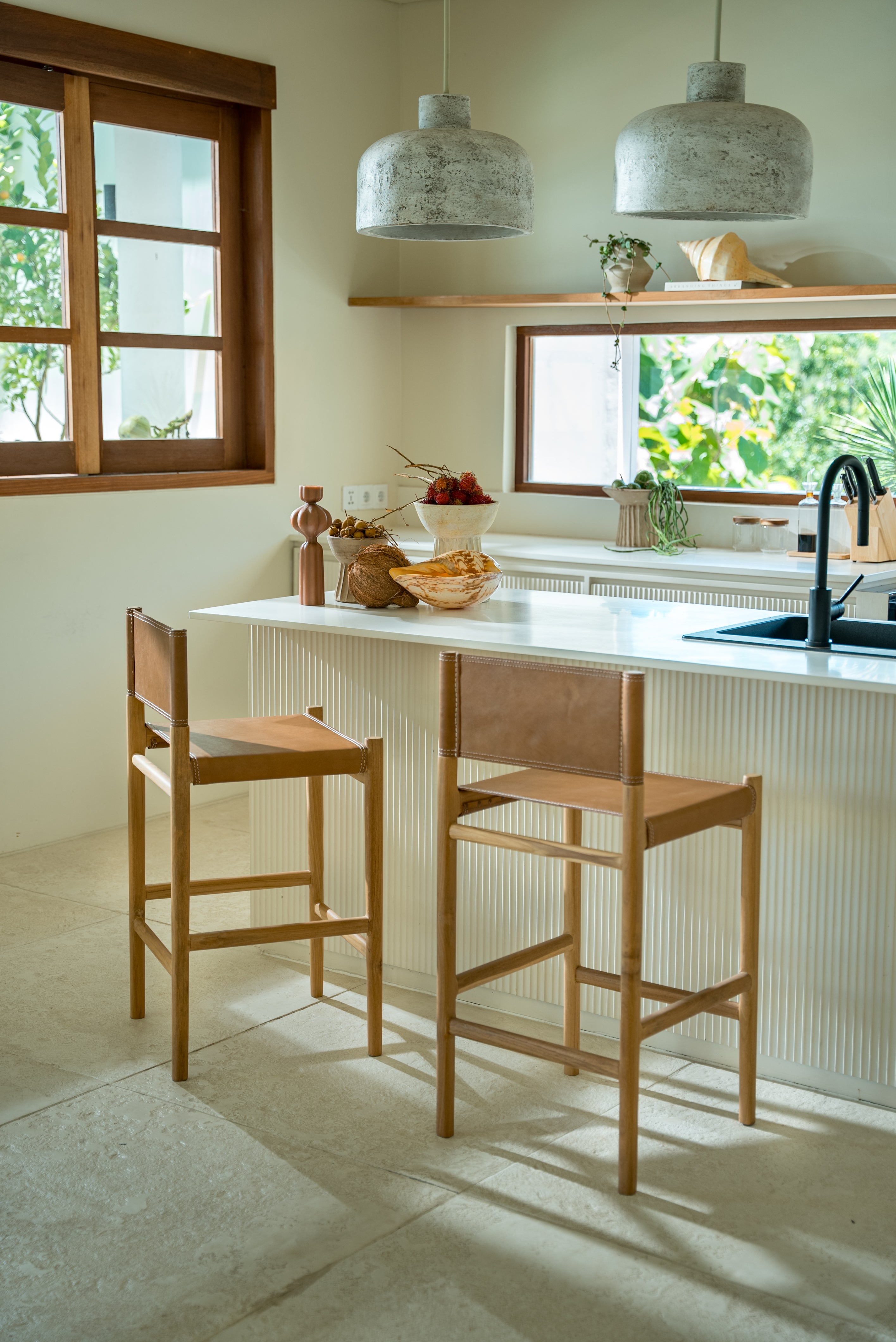 Luna Teak and Leather Counter Stool