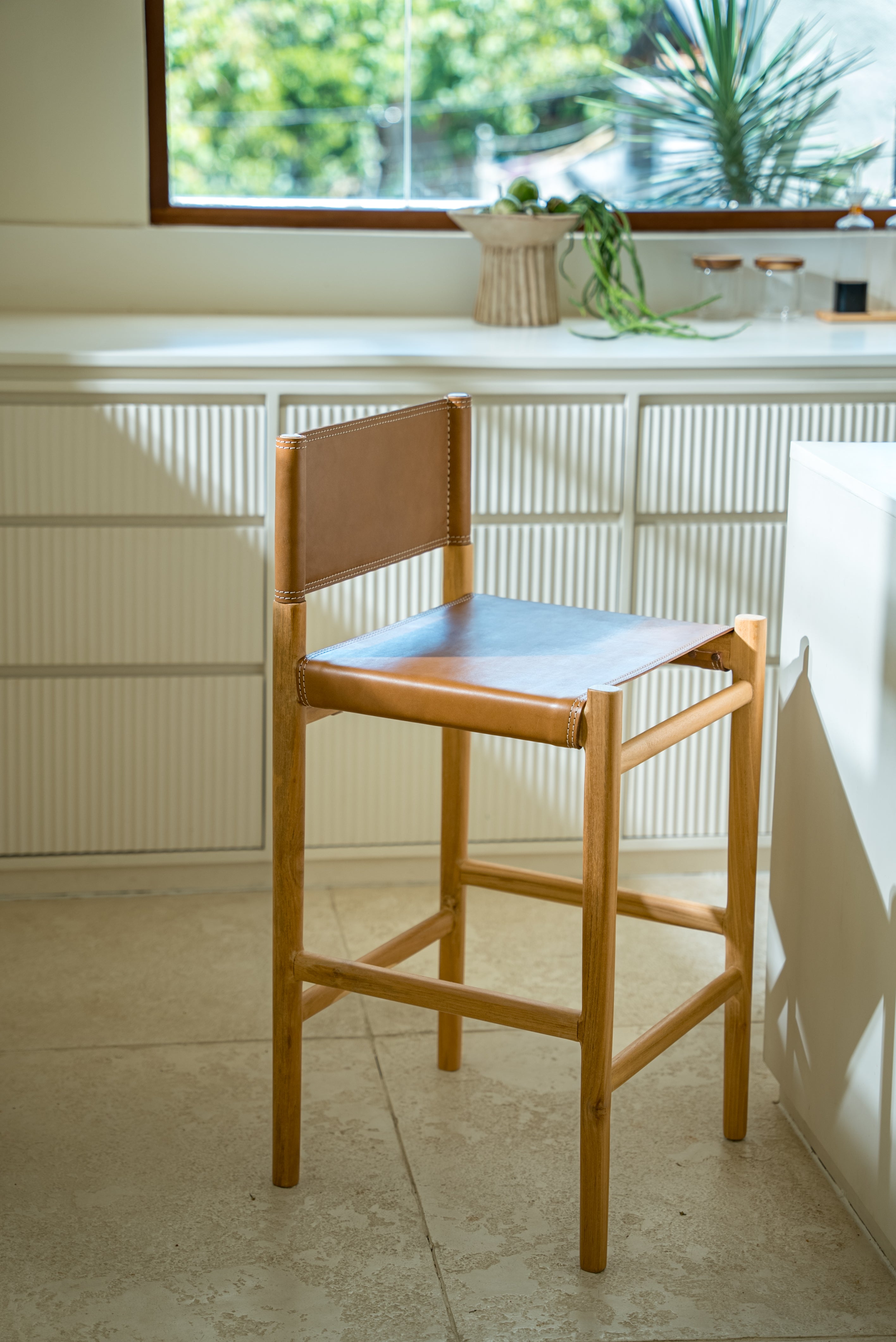 Luna Teak and Leather Counter Stool