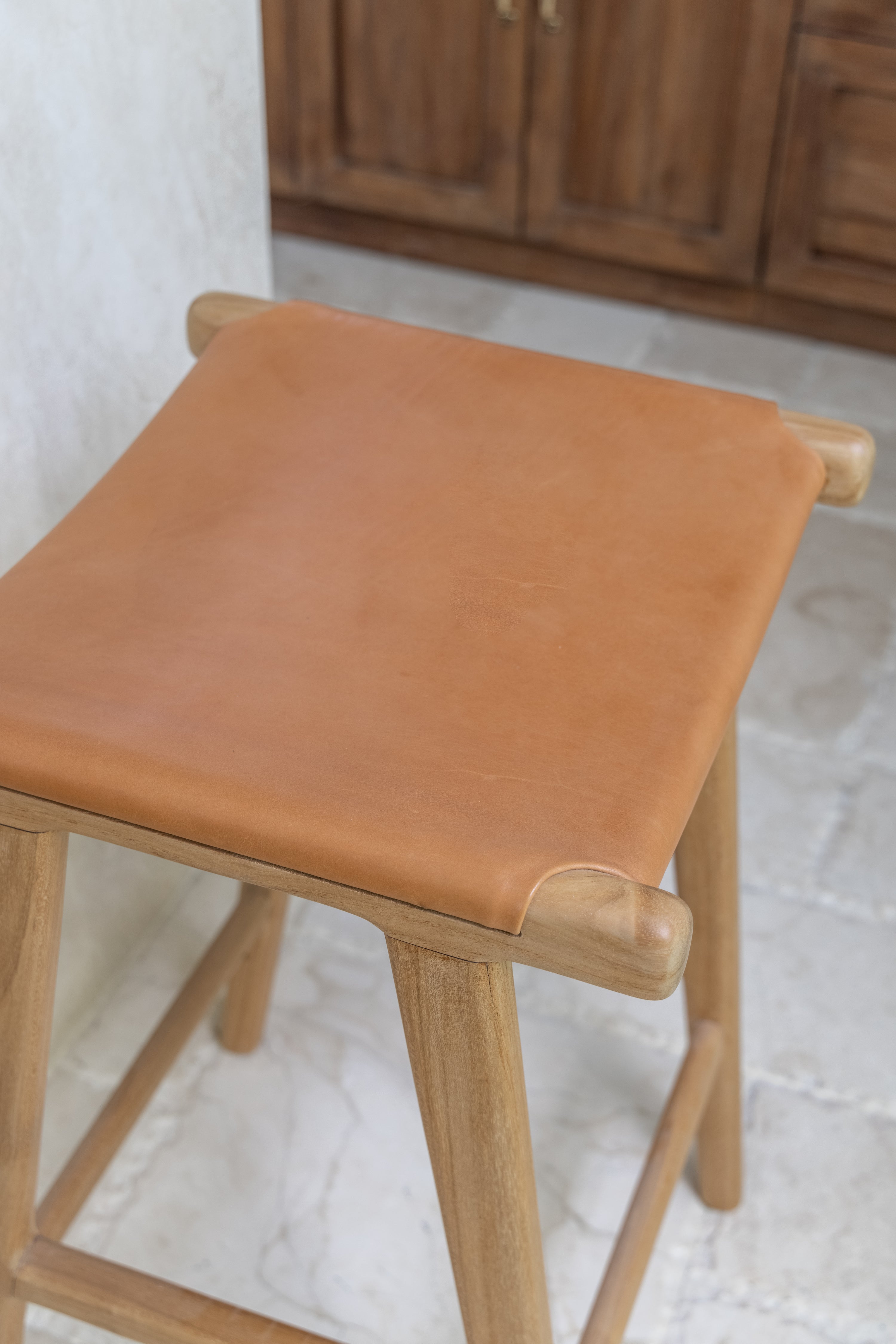 Malee Teak and Leather Backless Counter Stool