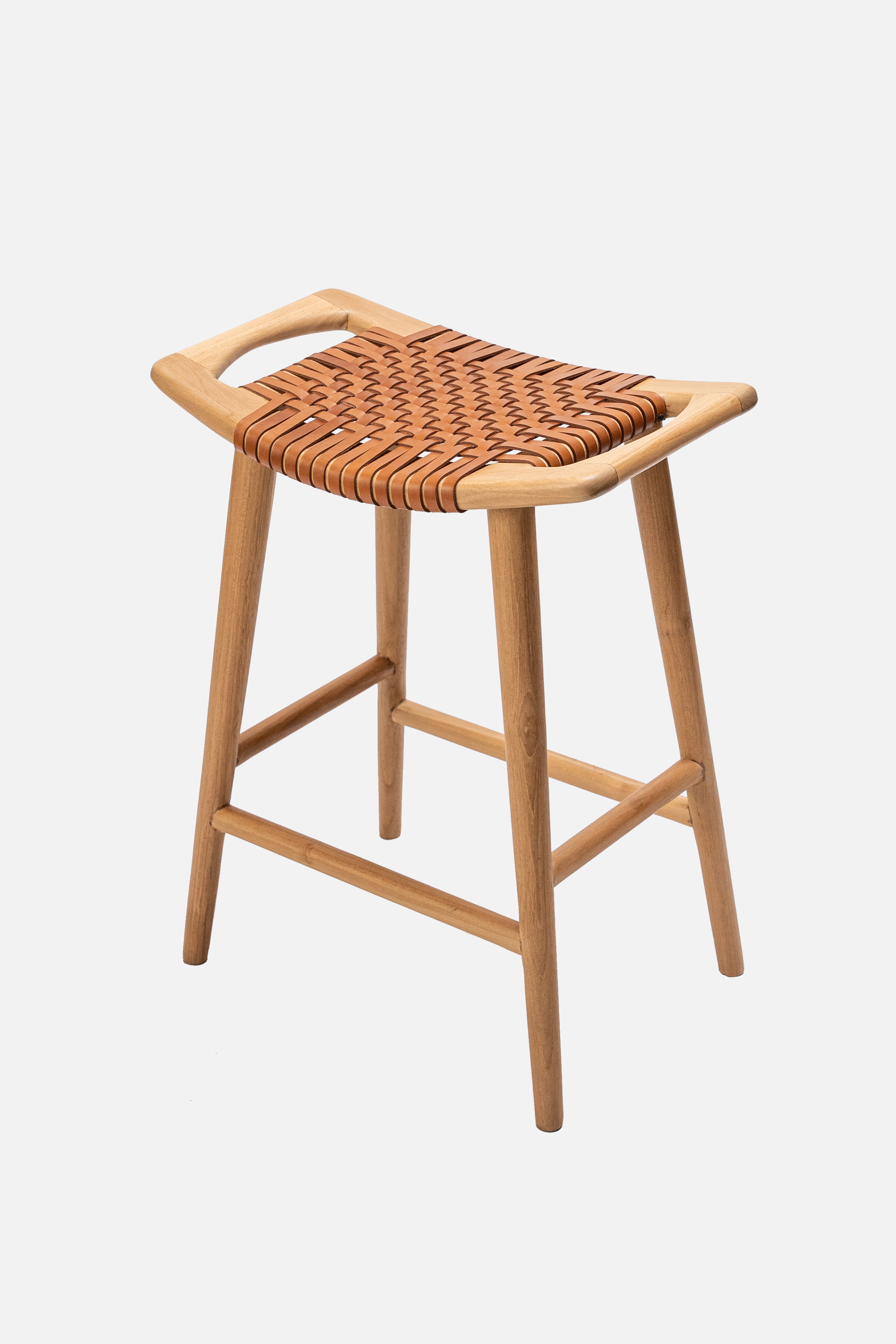 Sita Teak and Woven Leather Backless Stool