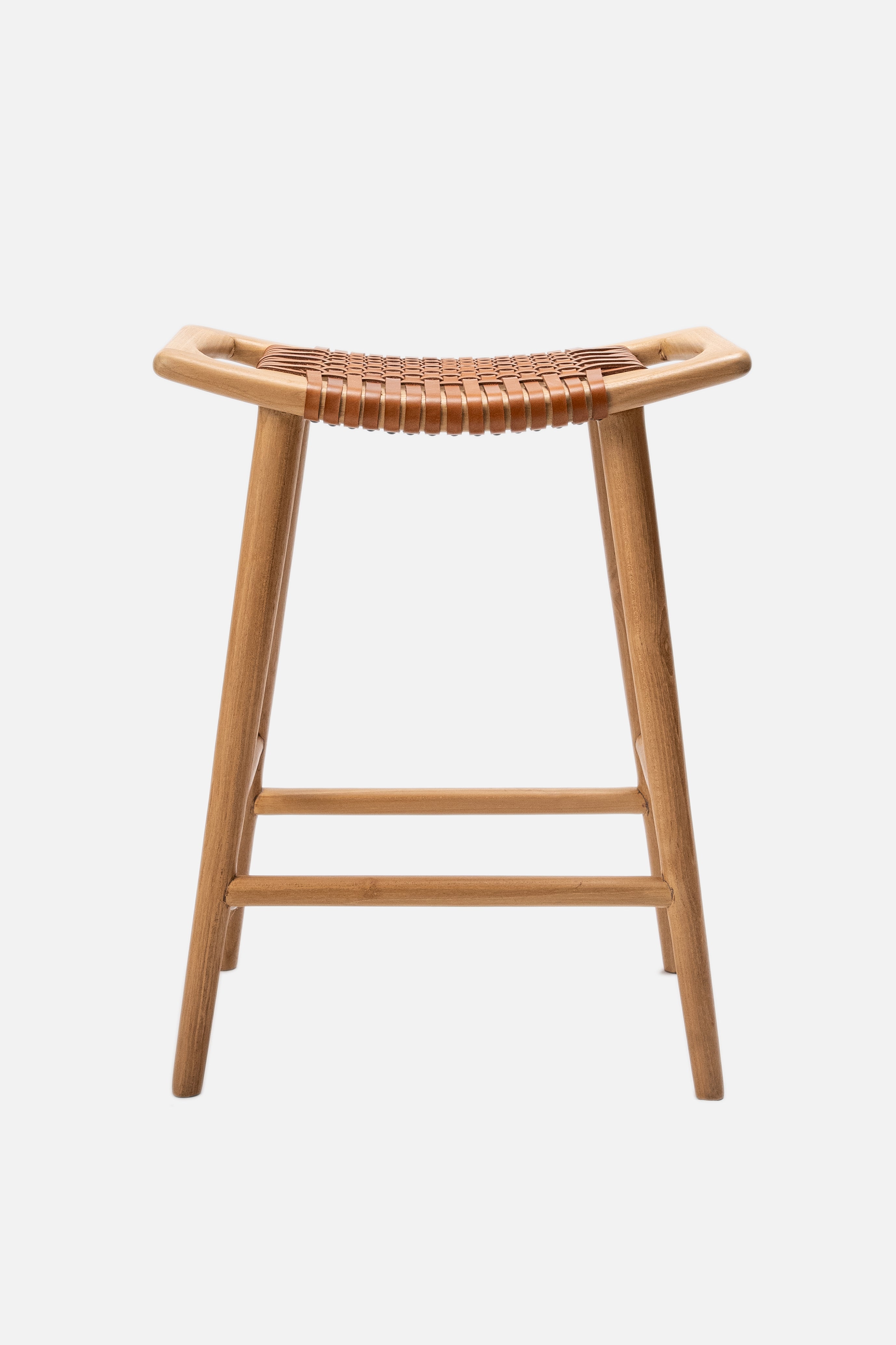 Sita Teak and Woven Leather Backless Stool