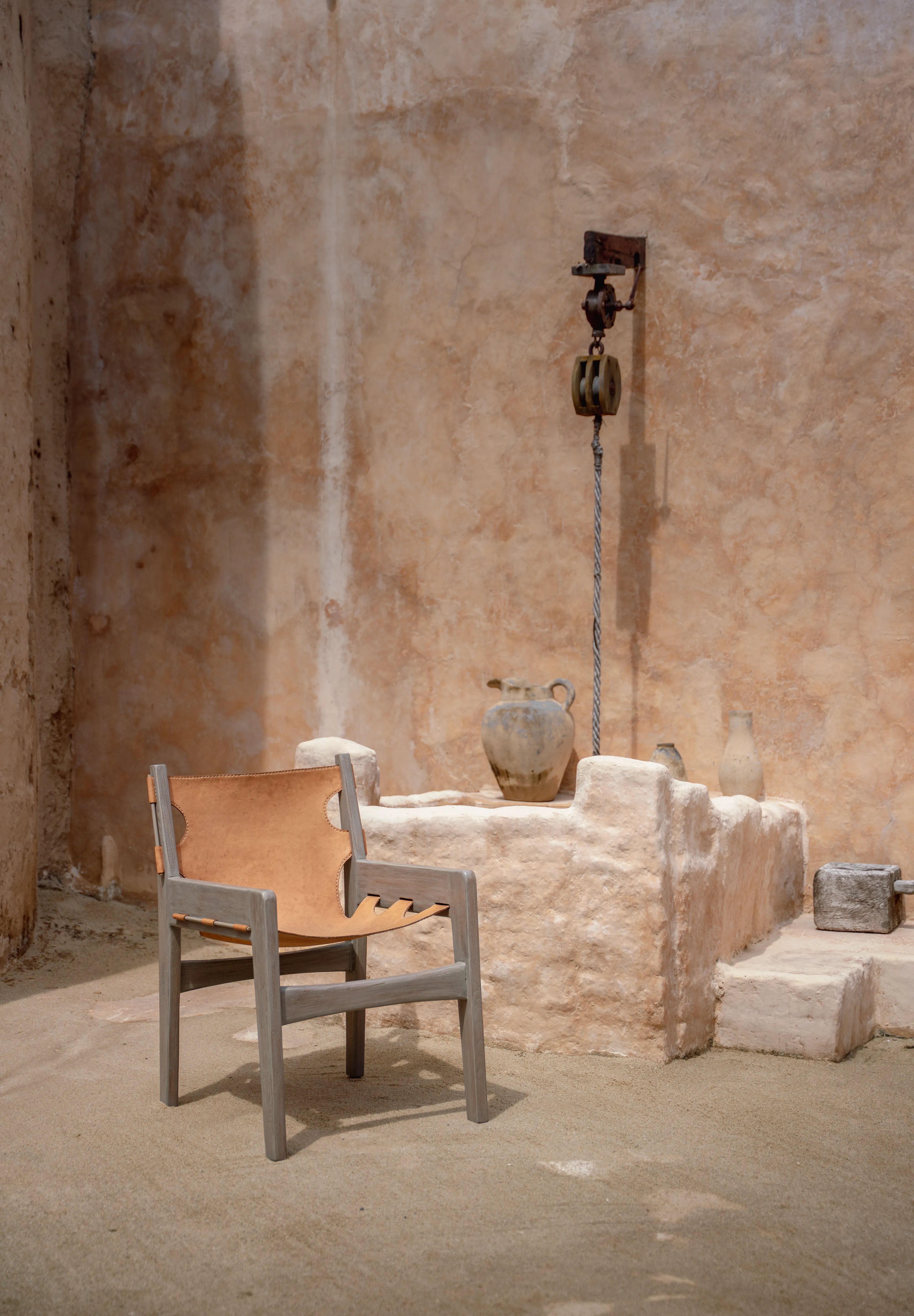 Abu Sling Leather and Teak Lounge Chair