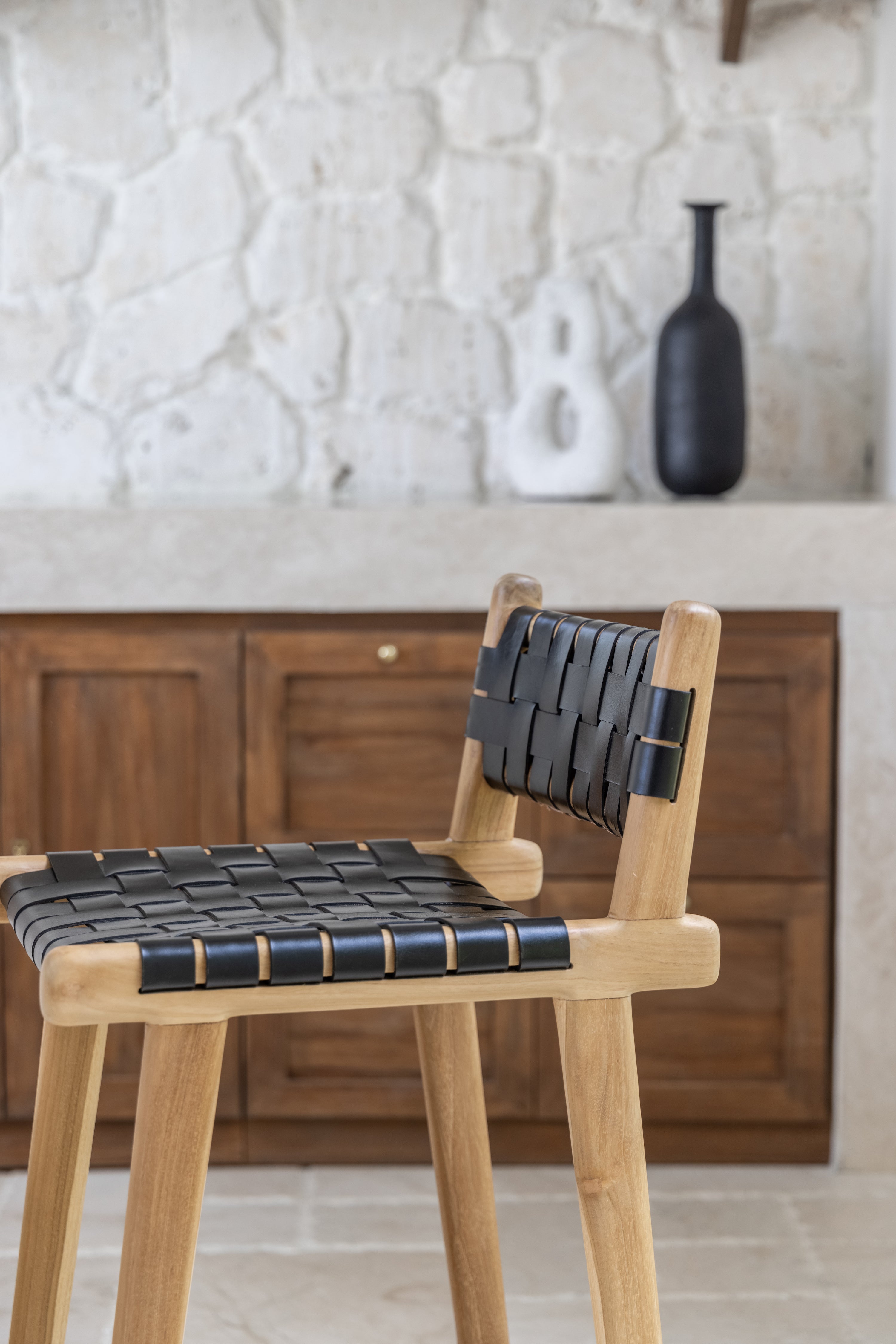 Brigitta Indonesian Teak and Woven Leather Low Back Counter Stool