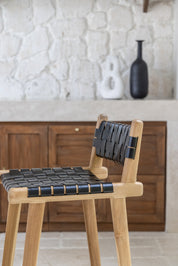 Brigitta Teak and Woven Leather Low Back Counter Stool