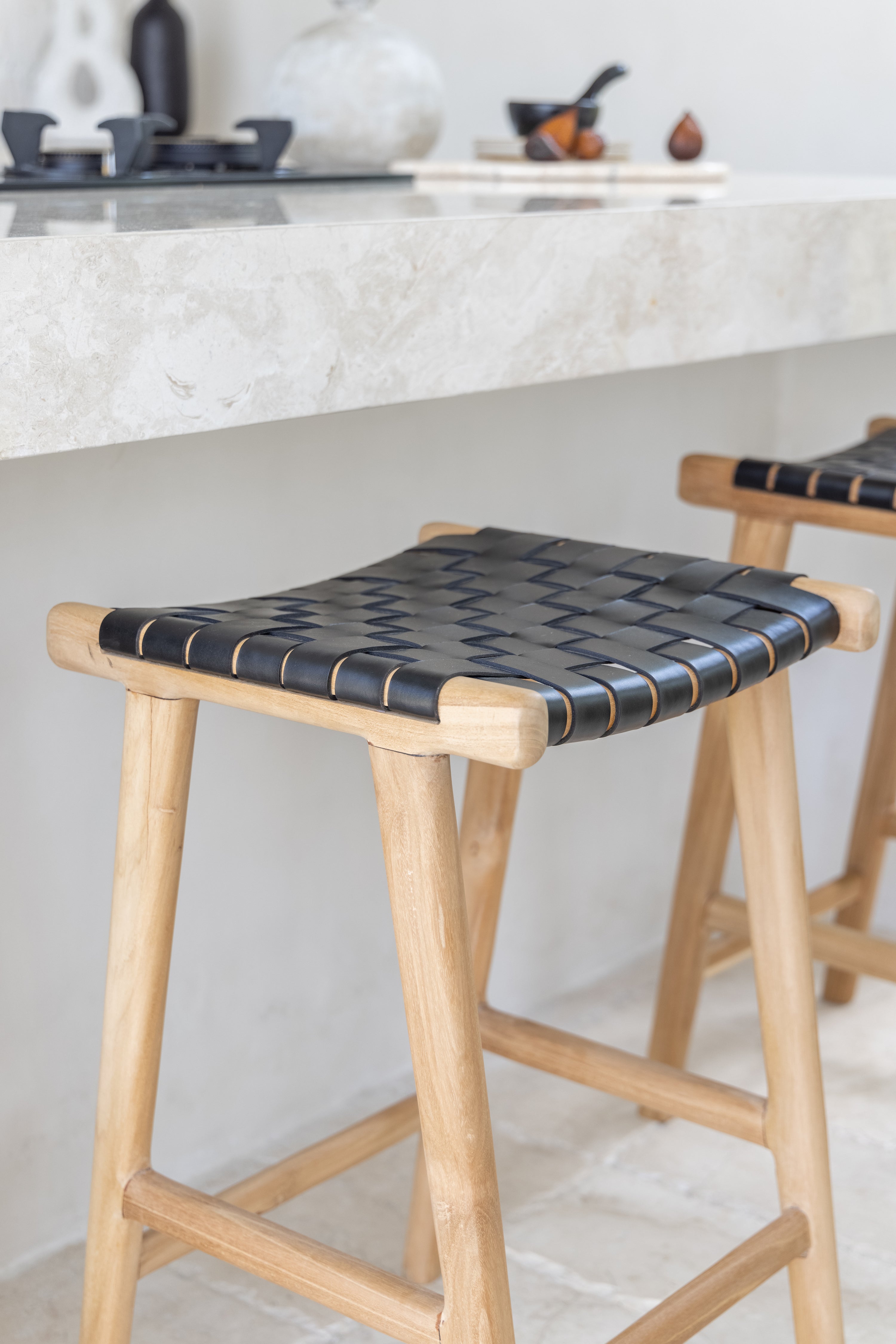 Nina Teak and Woven Leather Backless Counter Stool