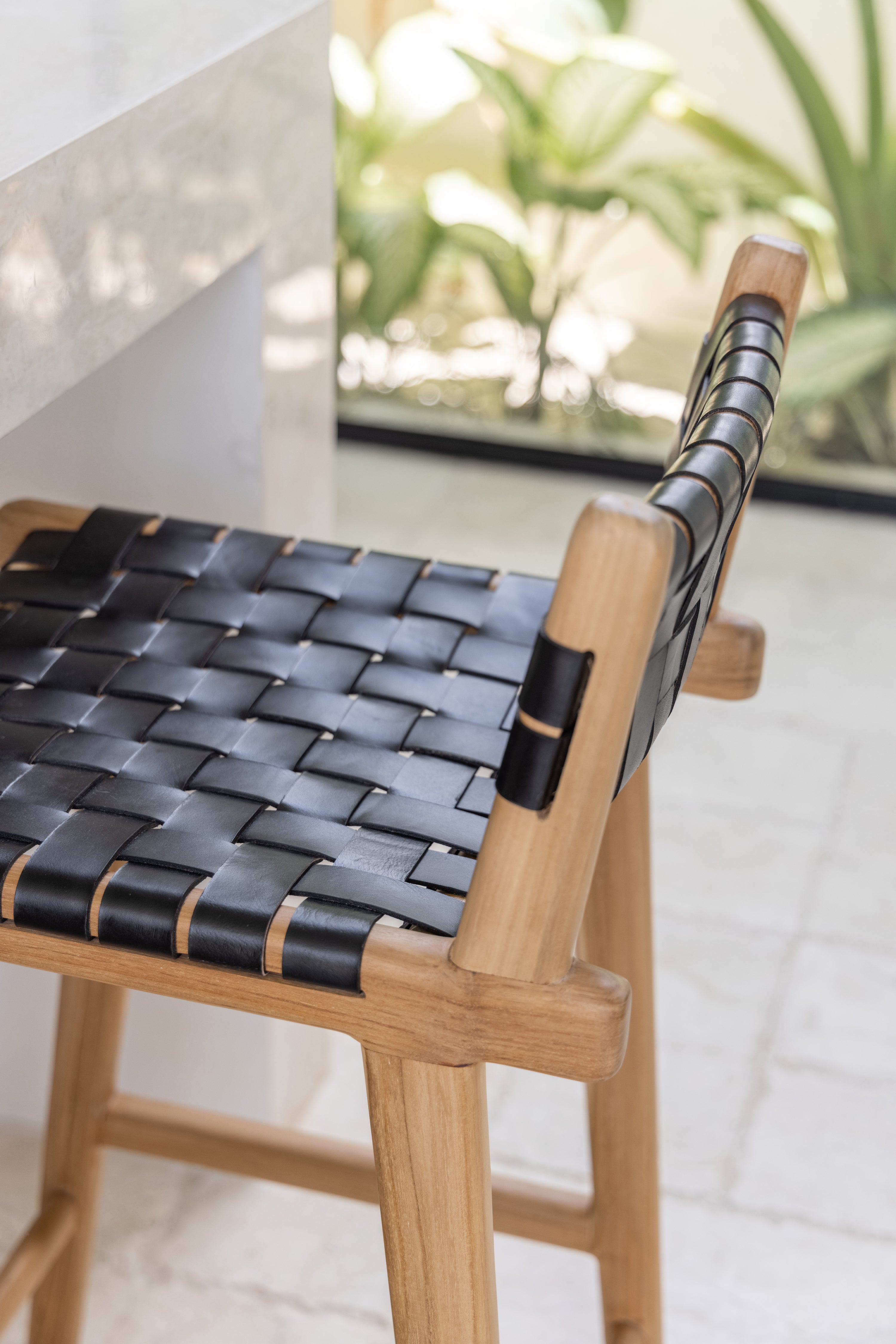 Brigitta Teak and Woven Leather Low Back Counter Stool