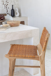 Ines Teak and Woven Leather Counter Stool
