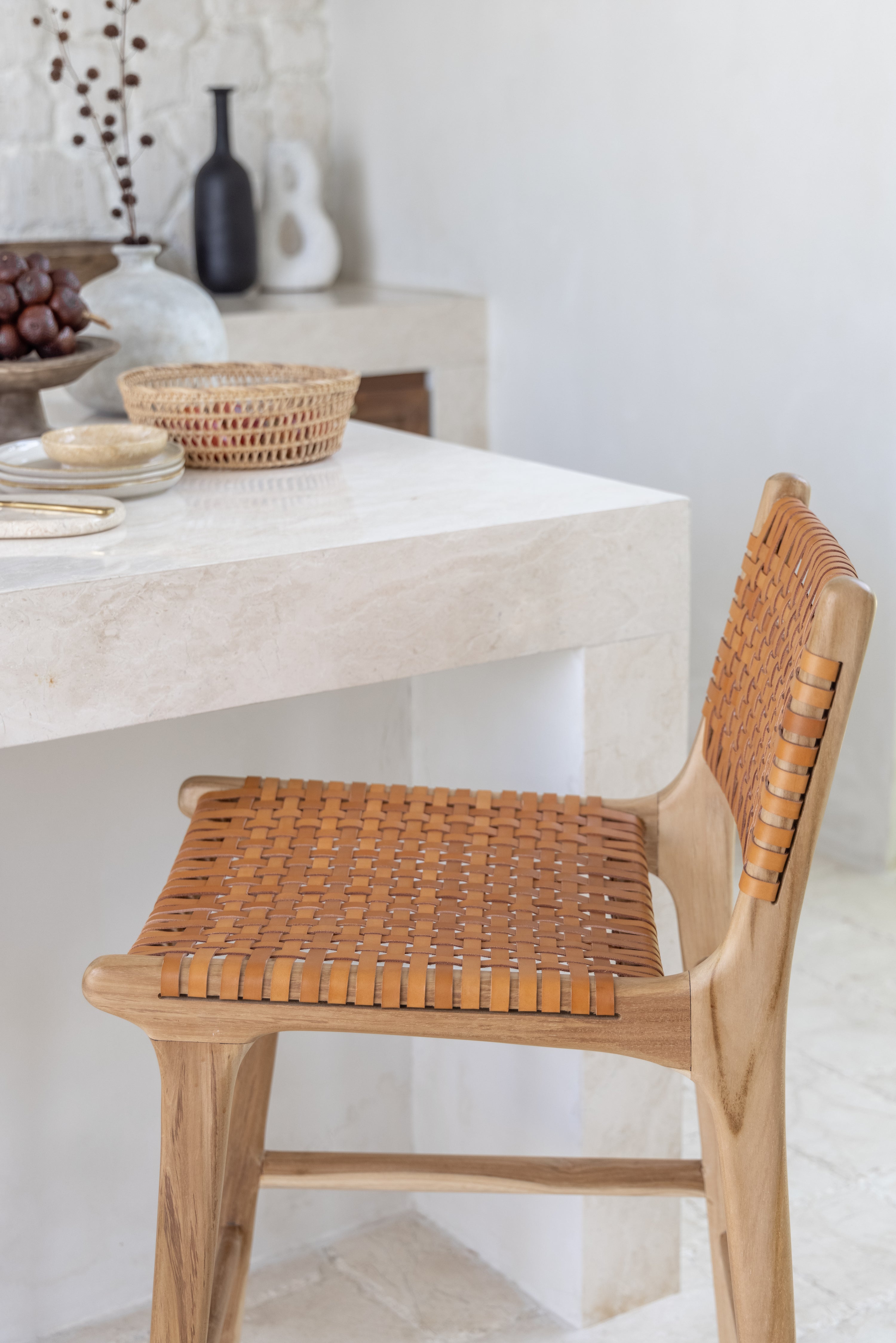 Ines Teak and Woven Leather Counter Stool