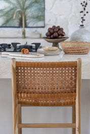 Ines Teak and Woven Leather Counter Stool