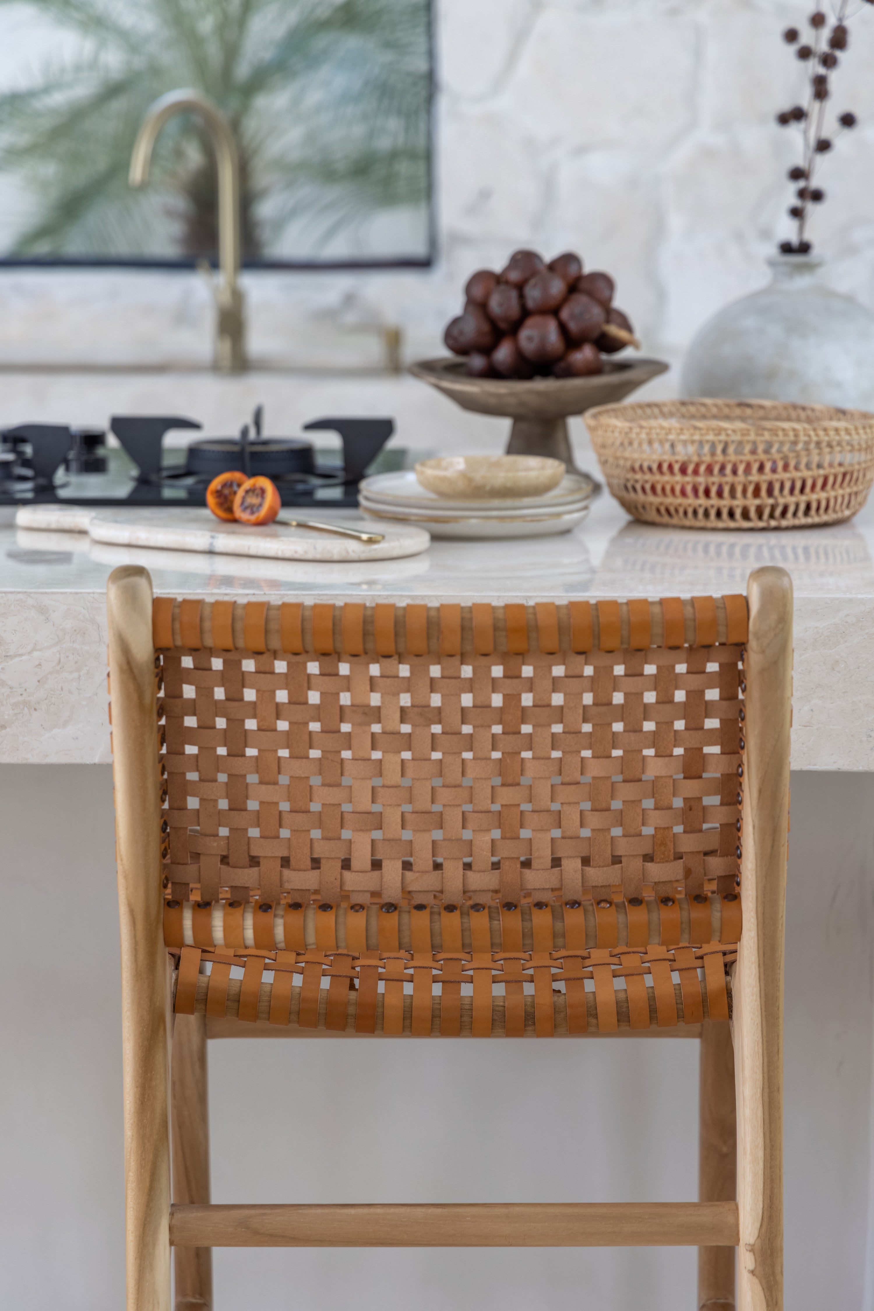 Ines Teak and Woven Leather Counter Stool