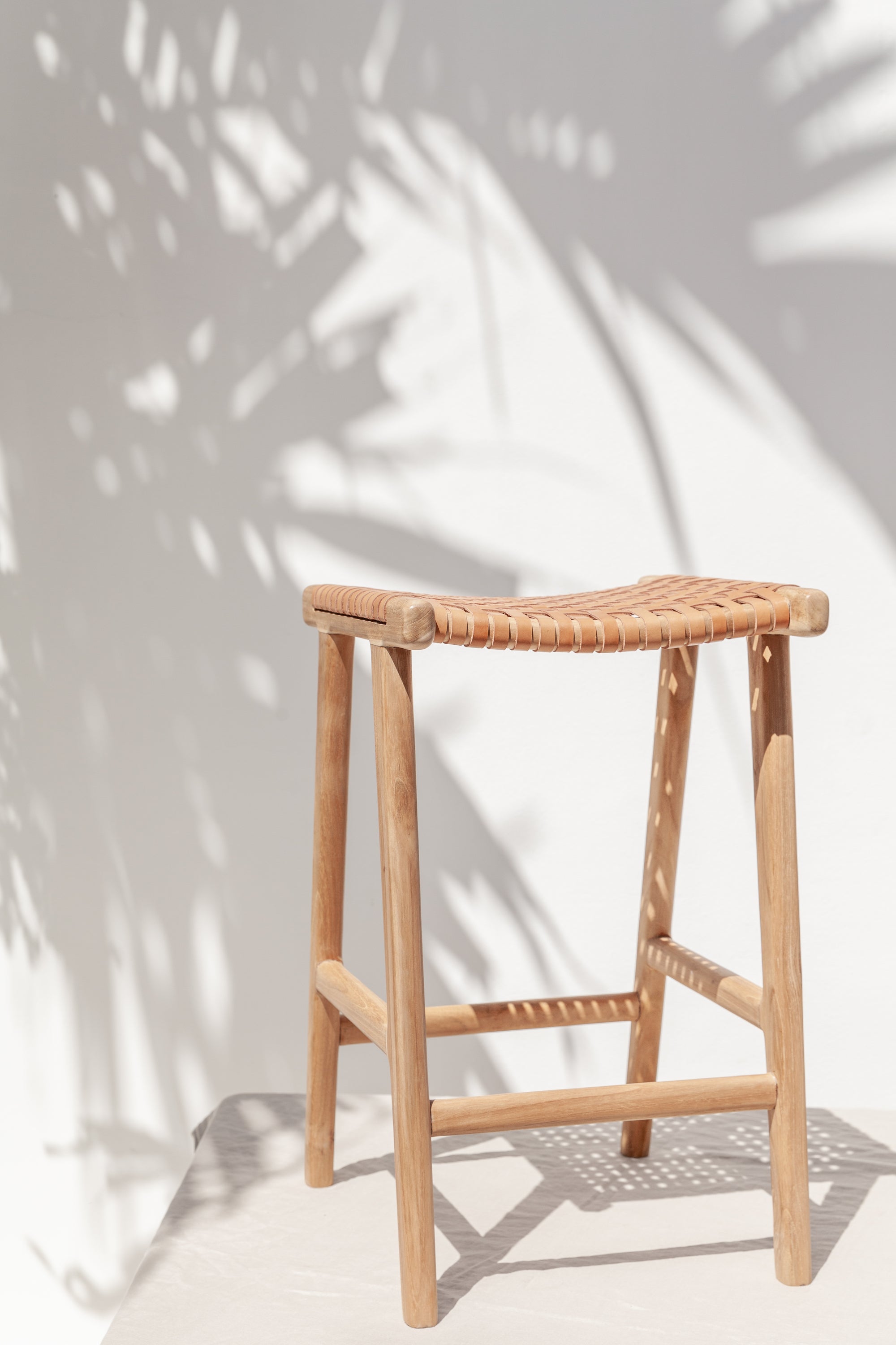 Kaila Teak and Woven Leather Backless Counter Stool