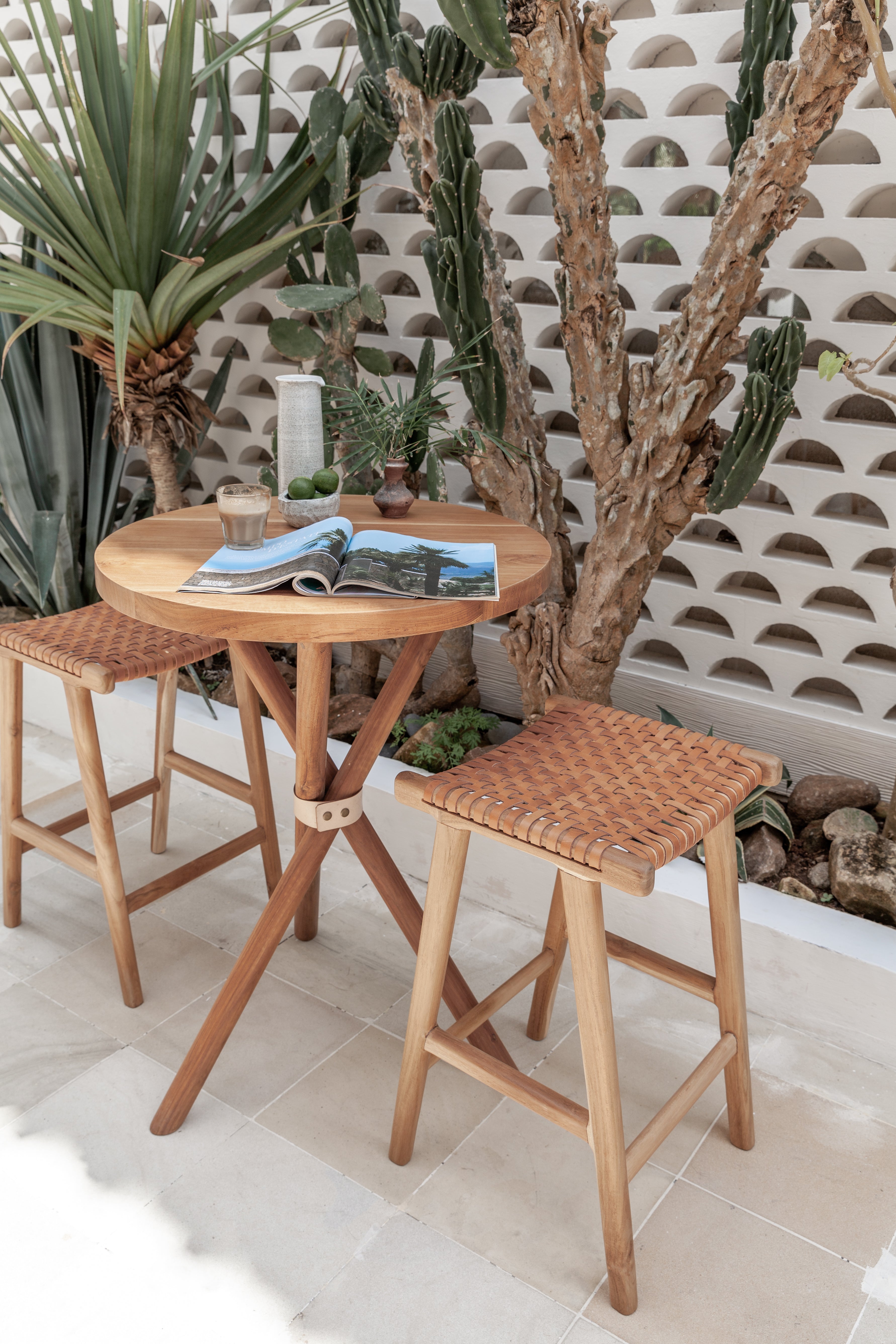 Kaila Teak and Woven Leather Backless Counter Stool