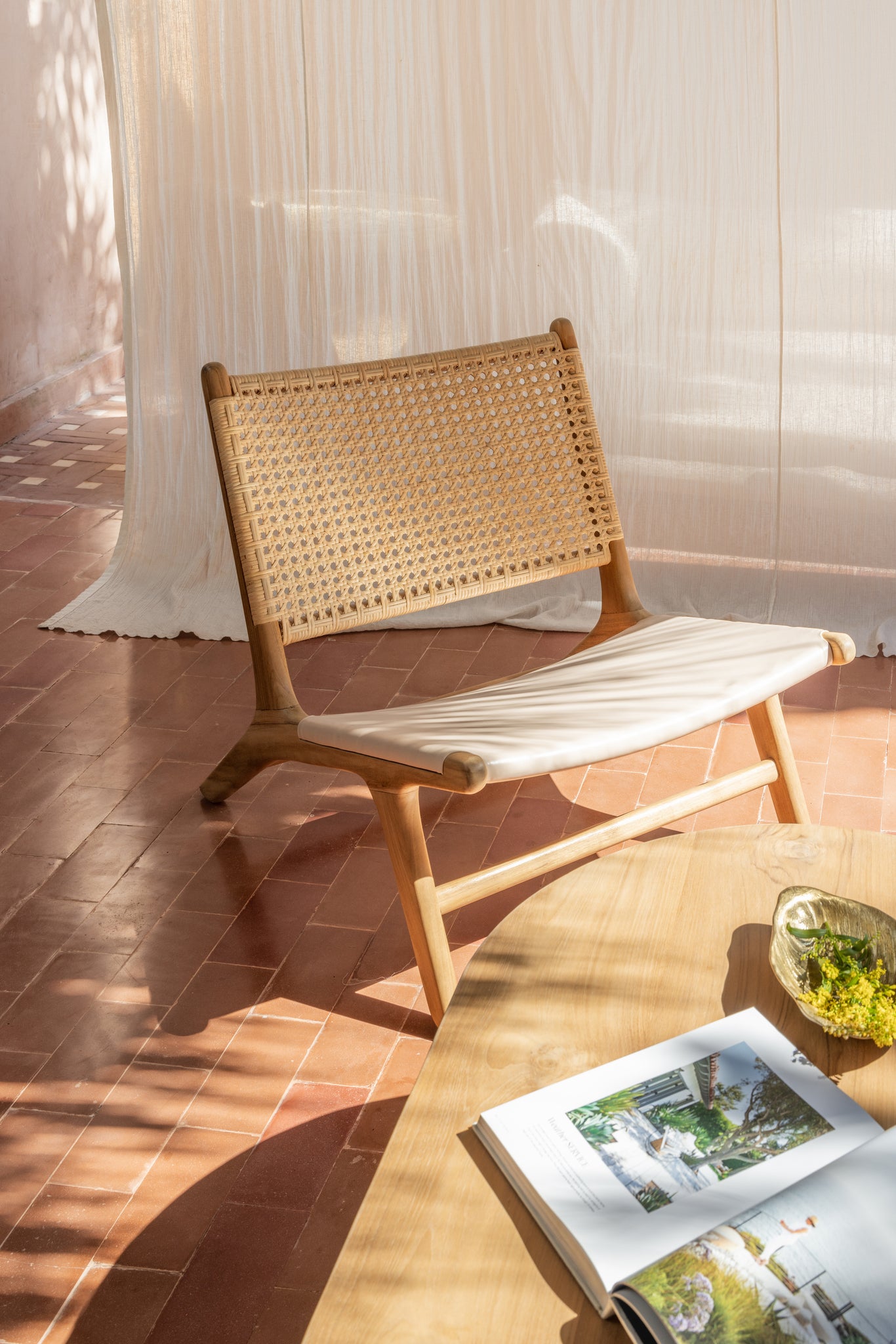 Klara Teak Rattan and Leather Lounge Chair bale