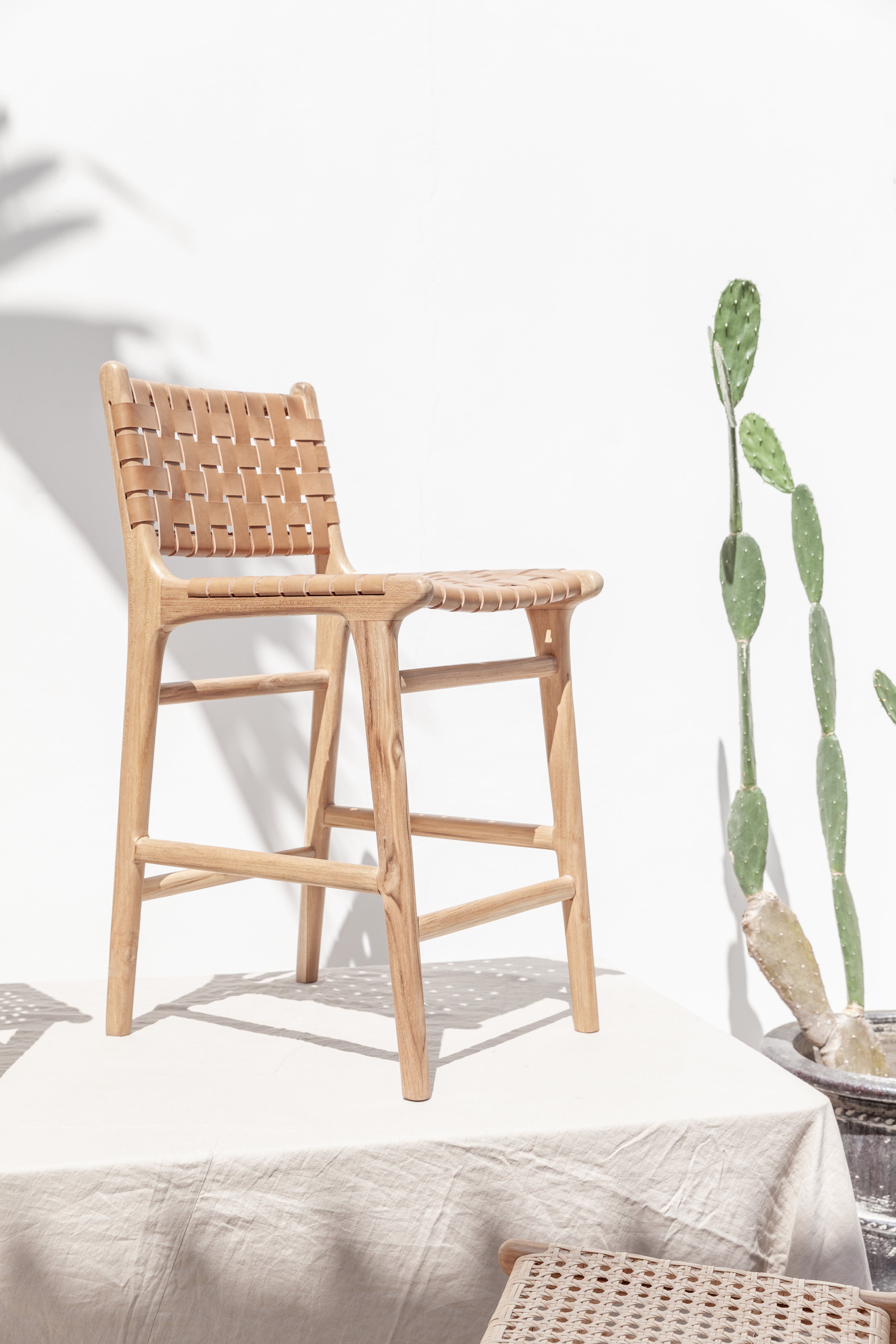 Davina Indonesian Teak and Woven Leather Counter Stool – balè