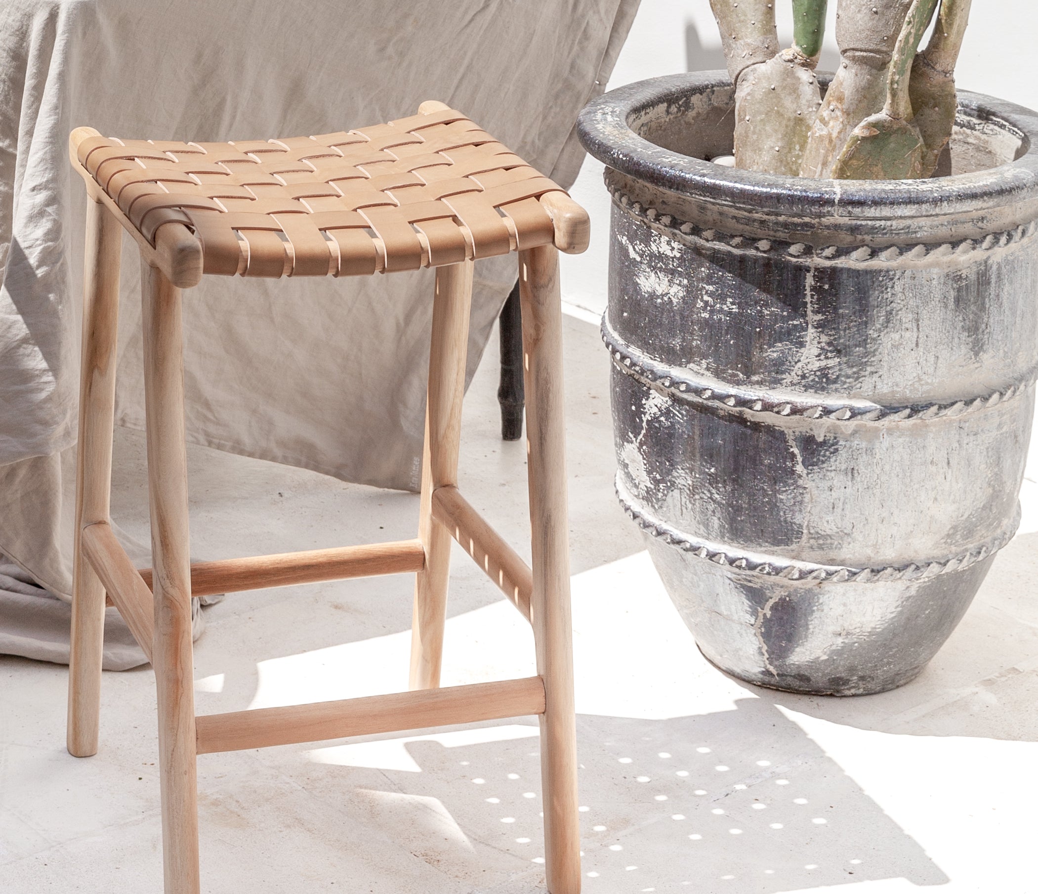 Nina Teak and Woven Leather Backless Counter Stool