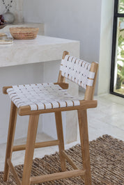 Brigitta Teak and Woven Leather Low Back Counter Stool