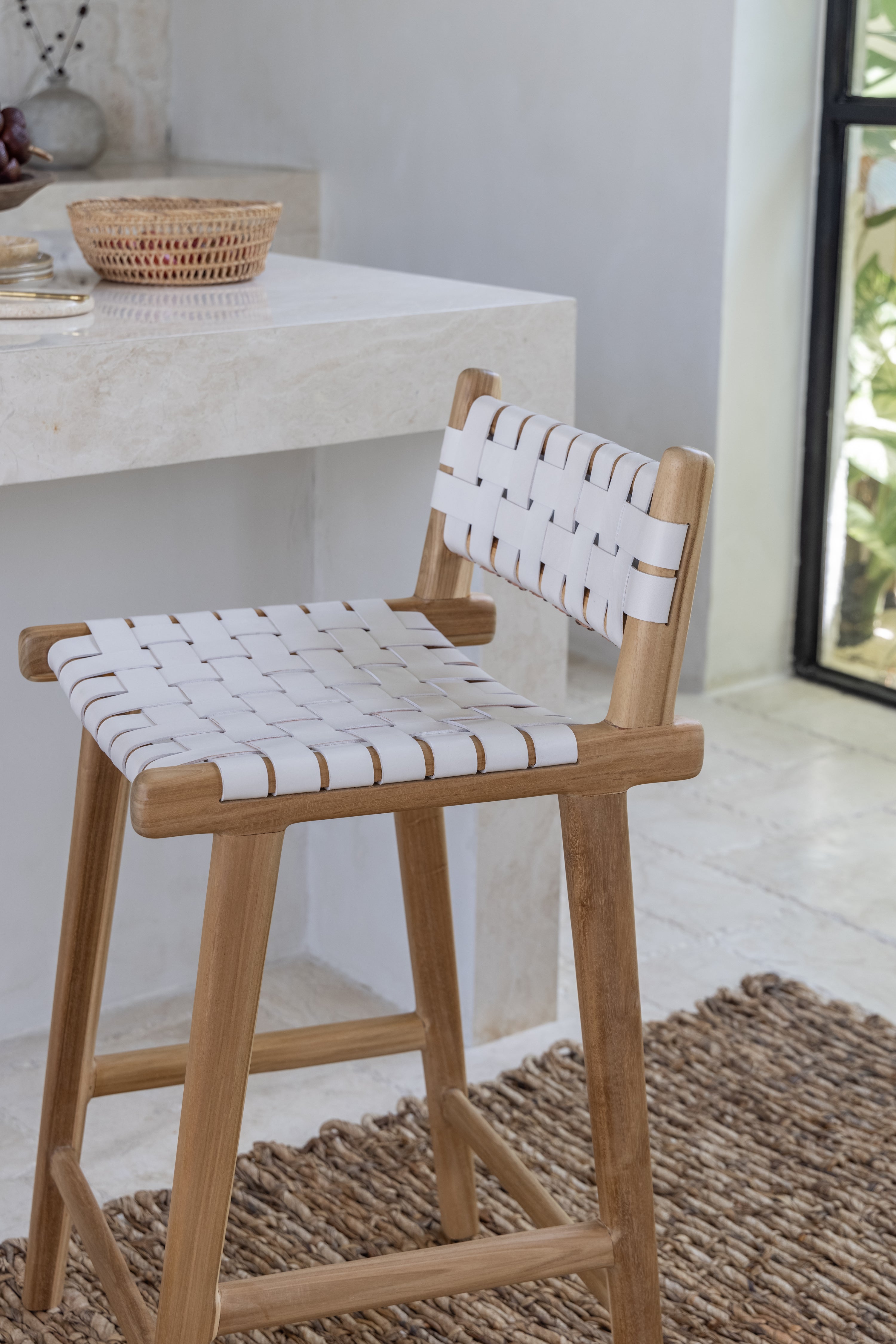 Brigitta Teak and Woven Leather Low Back Counter Stool